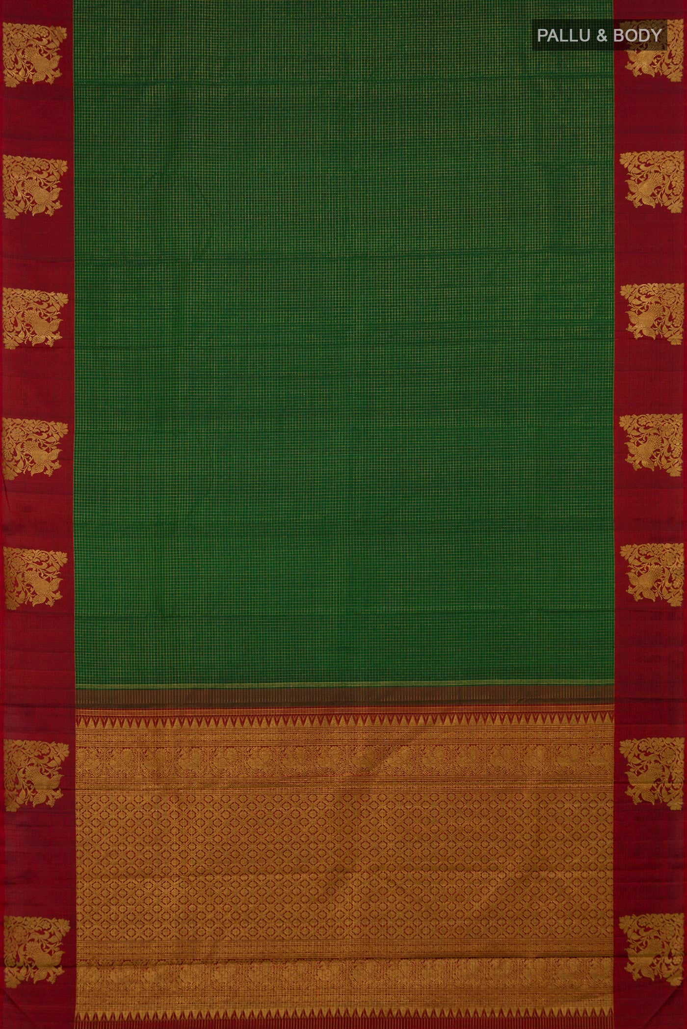 Flat view of Green Kanjivaram Silk Saree with Checked design on the body and Fancy Border. 