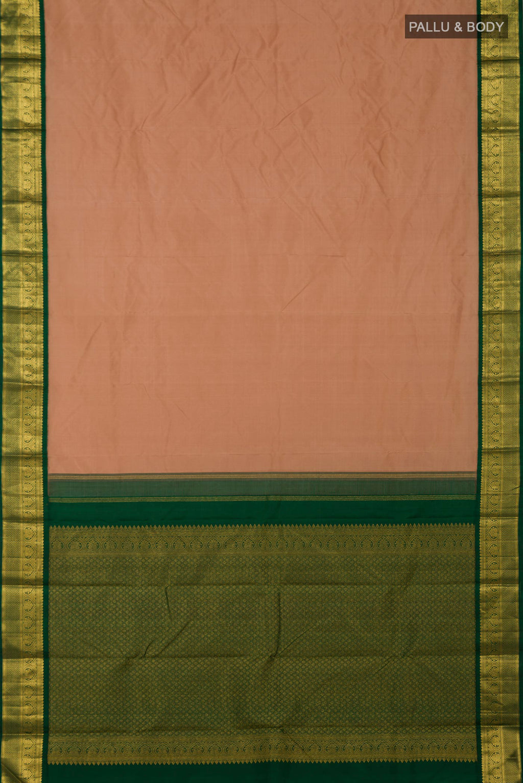 Flat view of Pure Silk Pure Zari Beige Kanjivaram Saree with Plain Body and Zari Border. 