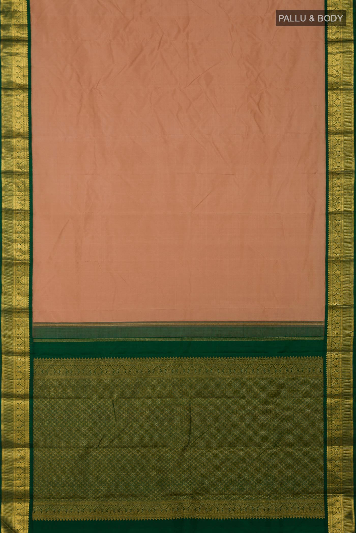 Flat view of Pure Silk Pure Zari Beige Kanjivaram Saree with Plain Body and Zari Border. 