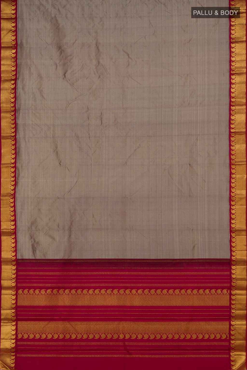 Flat view of Grey Kanjivaram Silk Saree with Plain Body and Zari Border. 