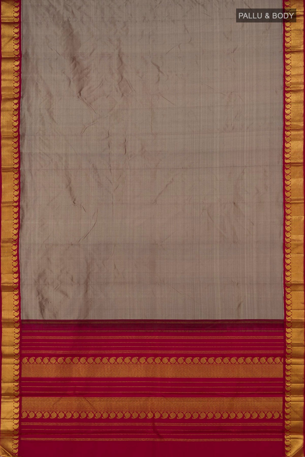 Flat view of Grey Kanjivaram Silk Saree with Plain Body and Zari Border. 