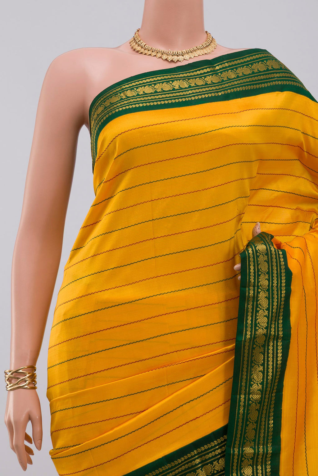 Border image of Pure Silk Pure Zari Yellow Kanjivaram Saree with Veldhari on the body and Zari Border. 