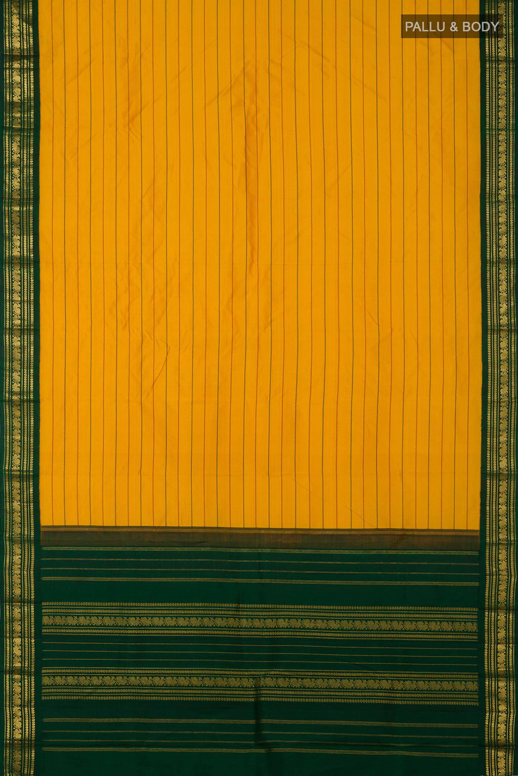 Flat view of Pure Silk Pure Zari Yellow Kanjivaram Saree with Veldhari on the body and Zari Border. 