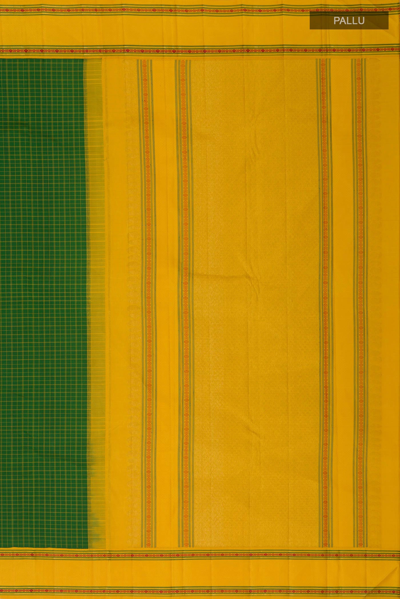 Close up image of the pallu of Green Kanjivaram Saree with Checked design on the body and Thread Border. 