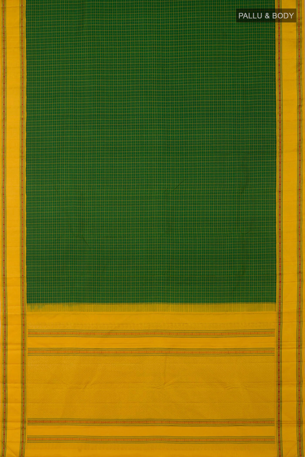 Flat view of Green Kanjivaram Saree with Checked design on the body and Thread Border. 