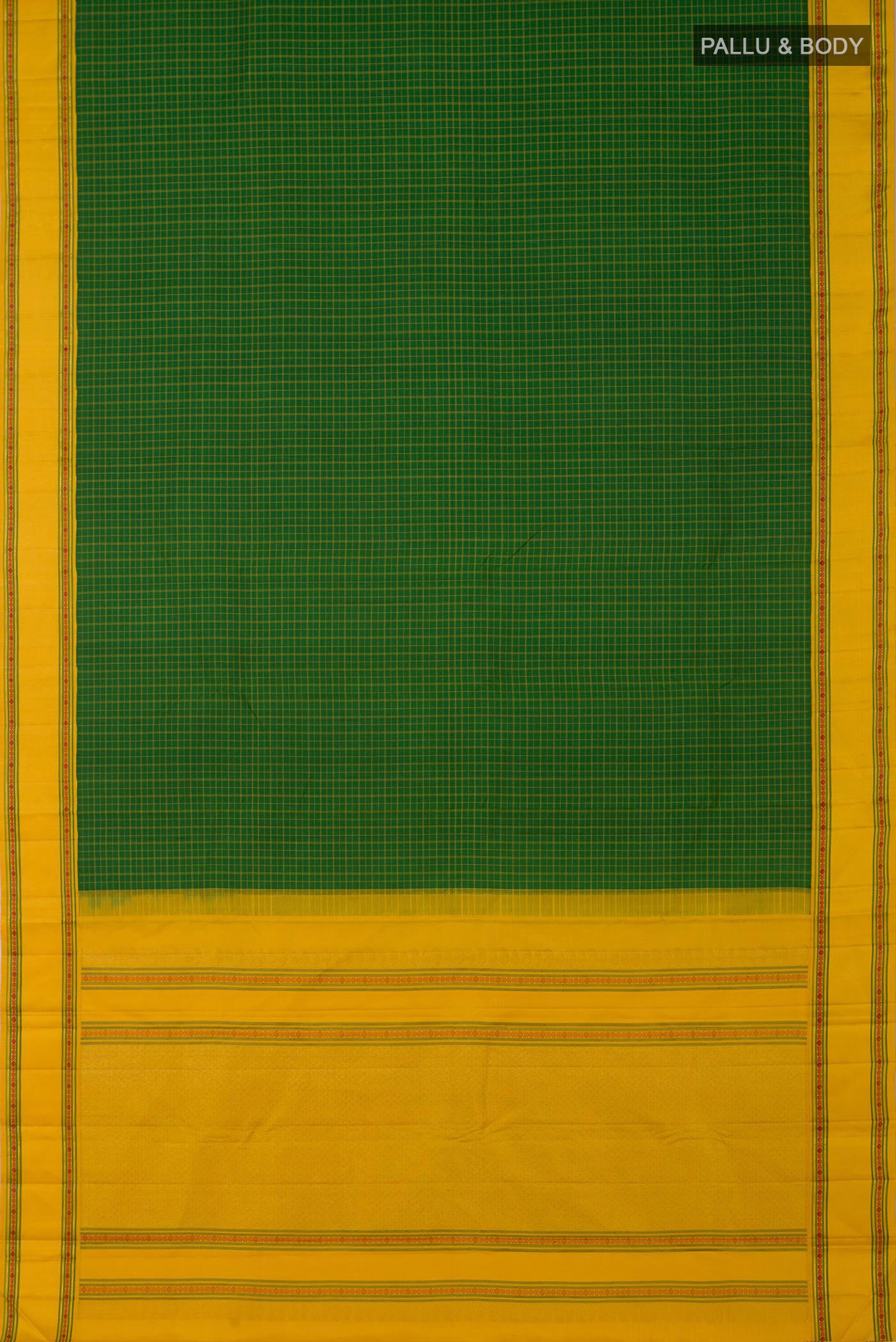 Flat view of Green Kanjivaram Saree with Checked design on the body and Thread Border. 