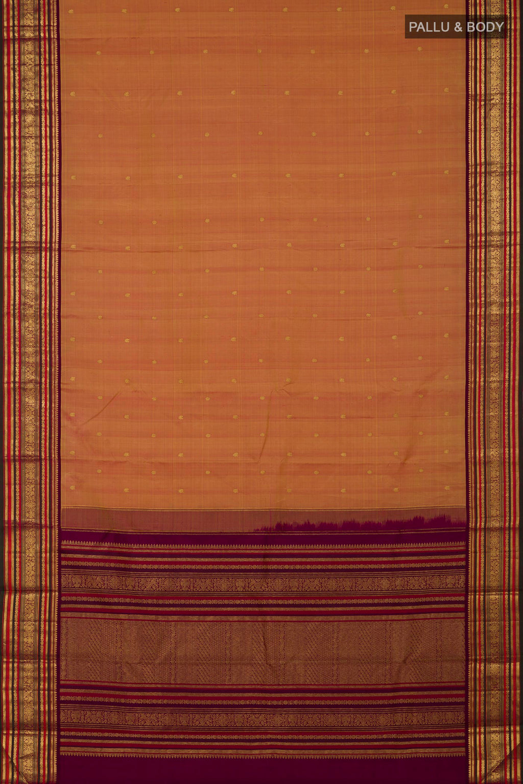 Flat view of Mustard Kanjivaram Silk Saree with Zari Butta on the body and Zari Border. 