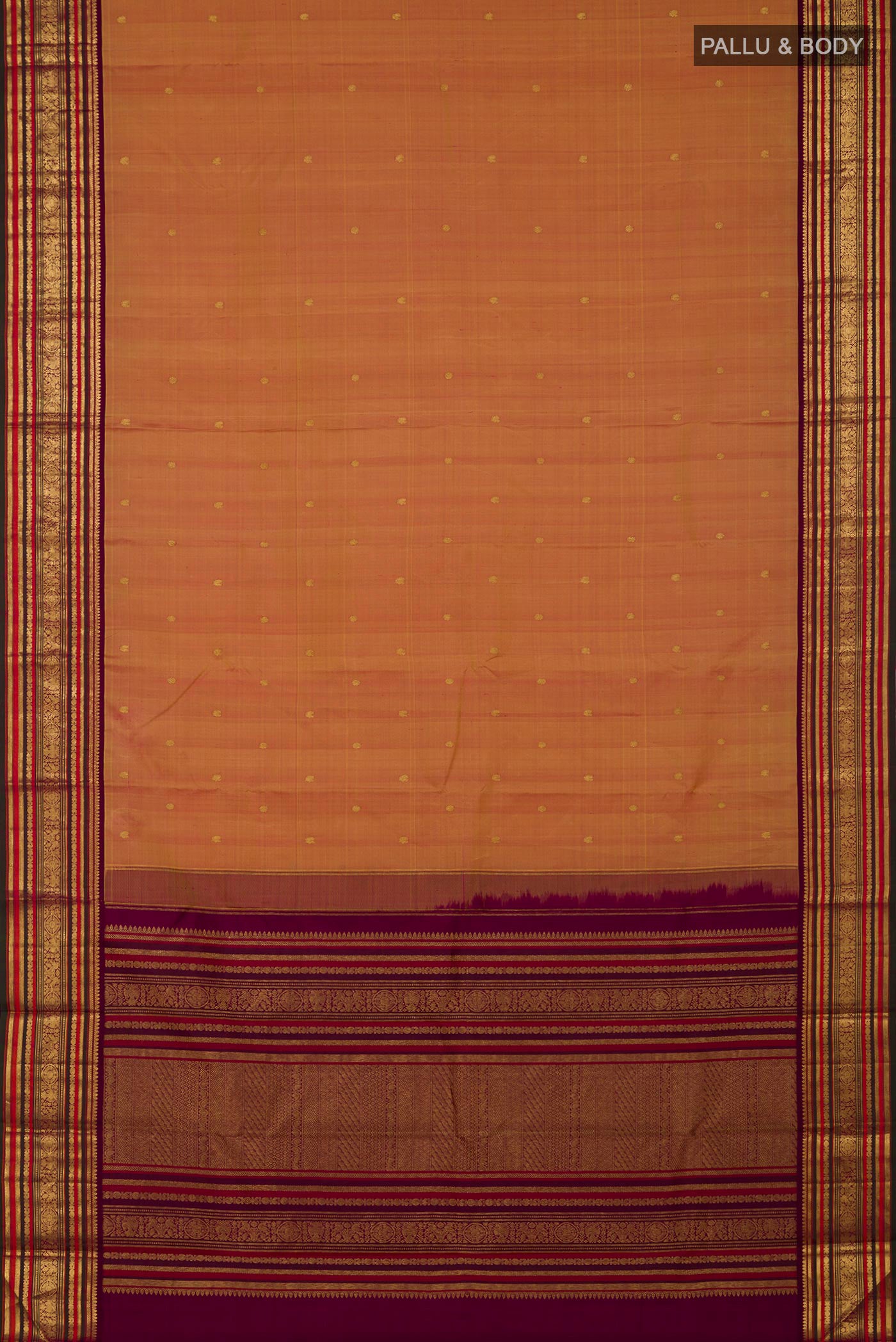 Flat view of Mustard Kanjivaram Silk Saree with Zari Butta on the body and Zari Border. 