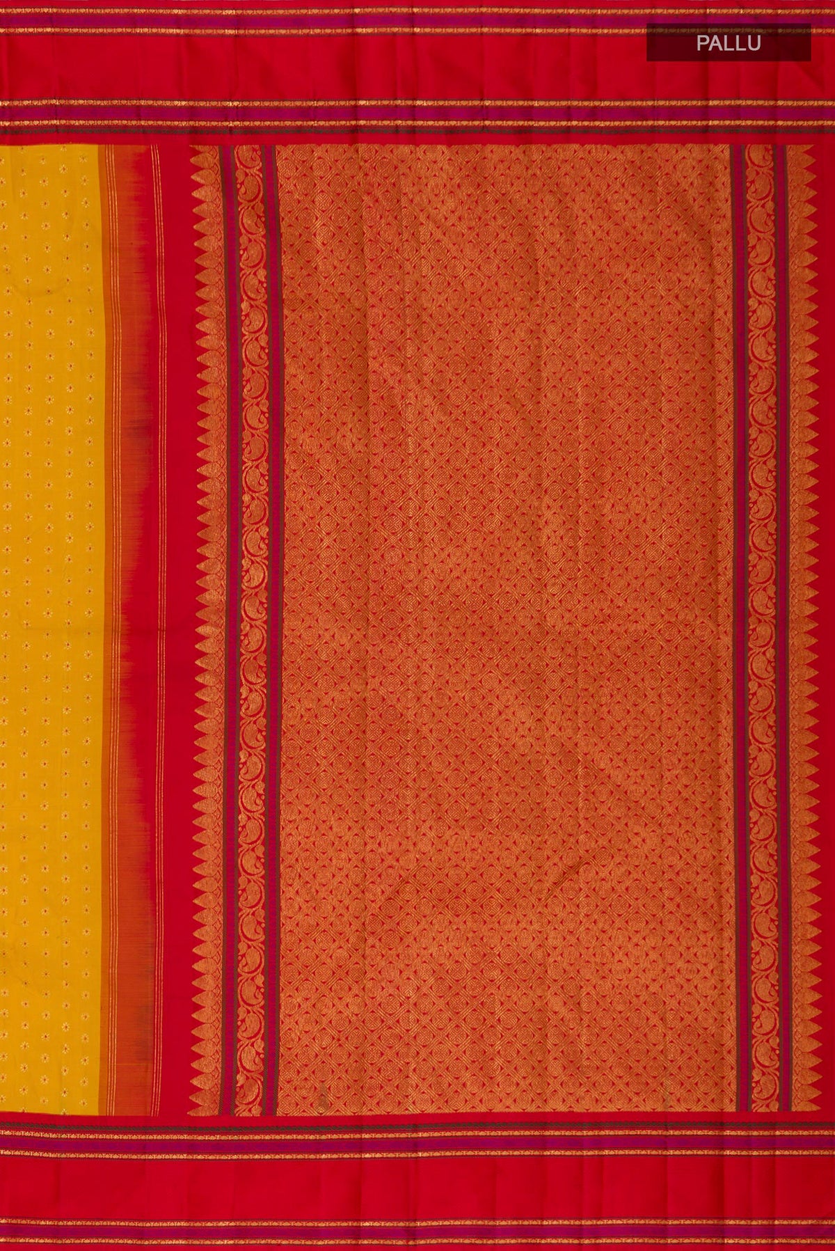 Close up image of the pallu of Pure Silk Pure Zari Yellow Kanchipuram Saree with Zari Butta on the body and Zari And Thread Border. 