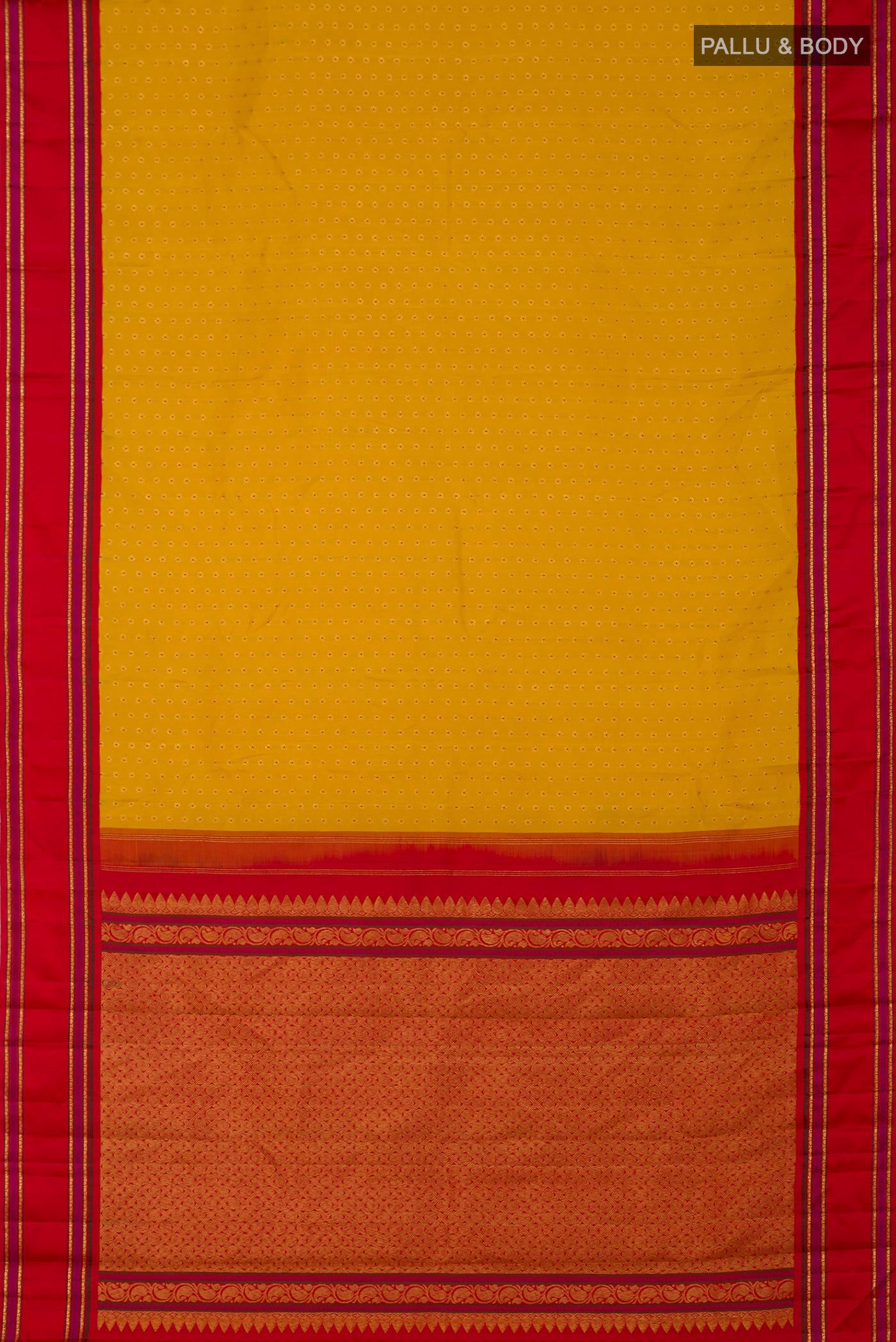 Flat view of Pure Silk Pure Zari Yellow Kanchipuram Saree with Zari Butta on the body and Zari And Thread Border. 