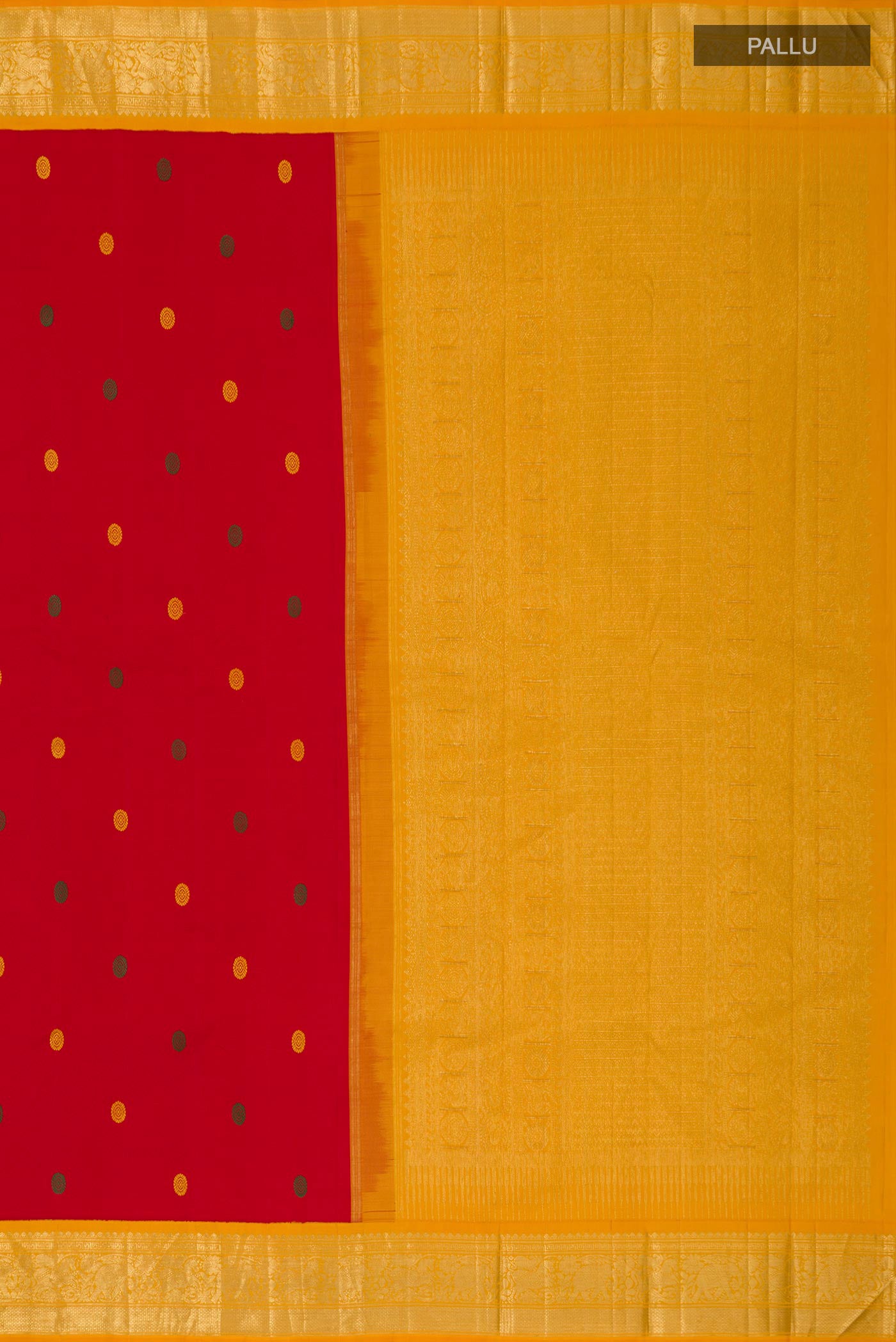 Close up image of the pallu of Pure Silk Pure Zari Red Kanjivaram Saree with Thread Butta on the body and Zari Border. 