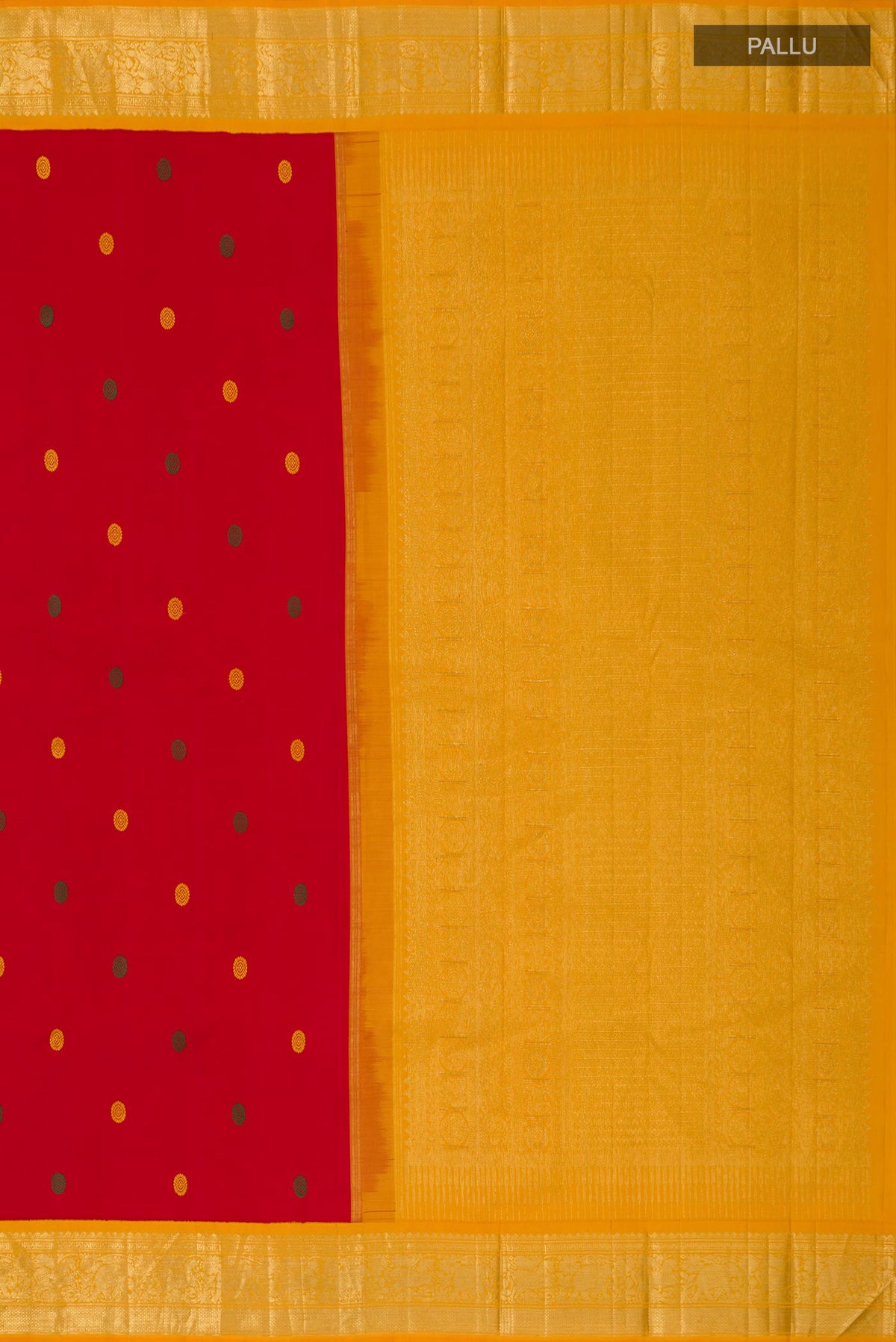 Close up image of the pallu of Pure Silk Pure Zari Red Kanjivaram Saree with Thread Butta on the body and Zari Border. 