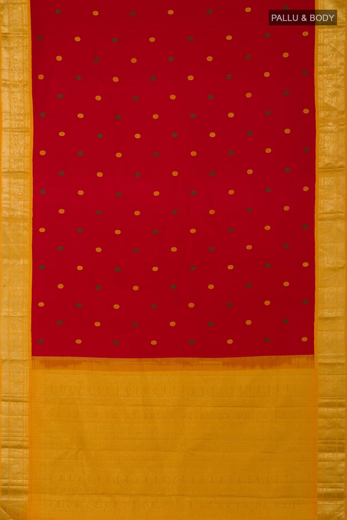 Flat view of Pure Silk Pure Zari Red Kanjivaram Saree with Thread Butta on the body and Zari Border. 