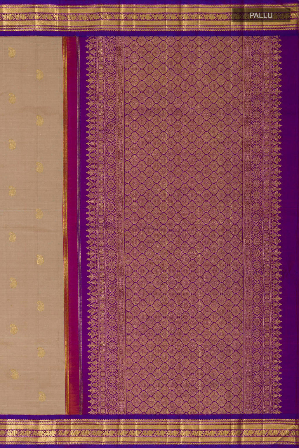 Close up image of the pallu of Pure Silk Pure Zari Cream Kanchipuram Saree with Zari Butta on the body and Zari Border. 
