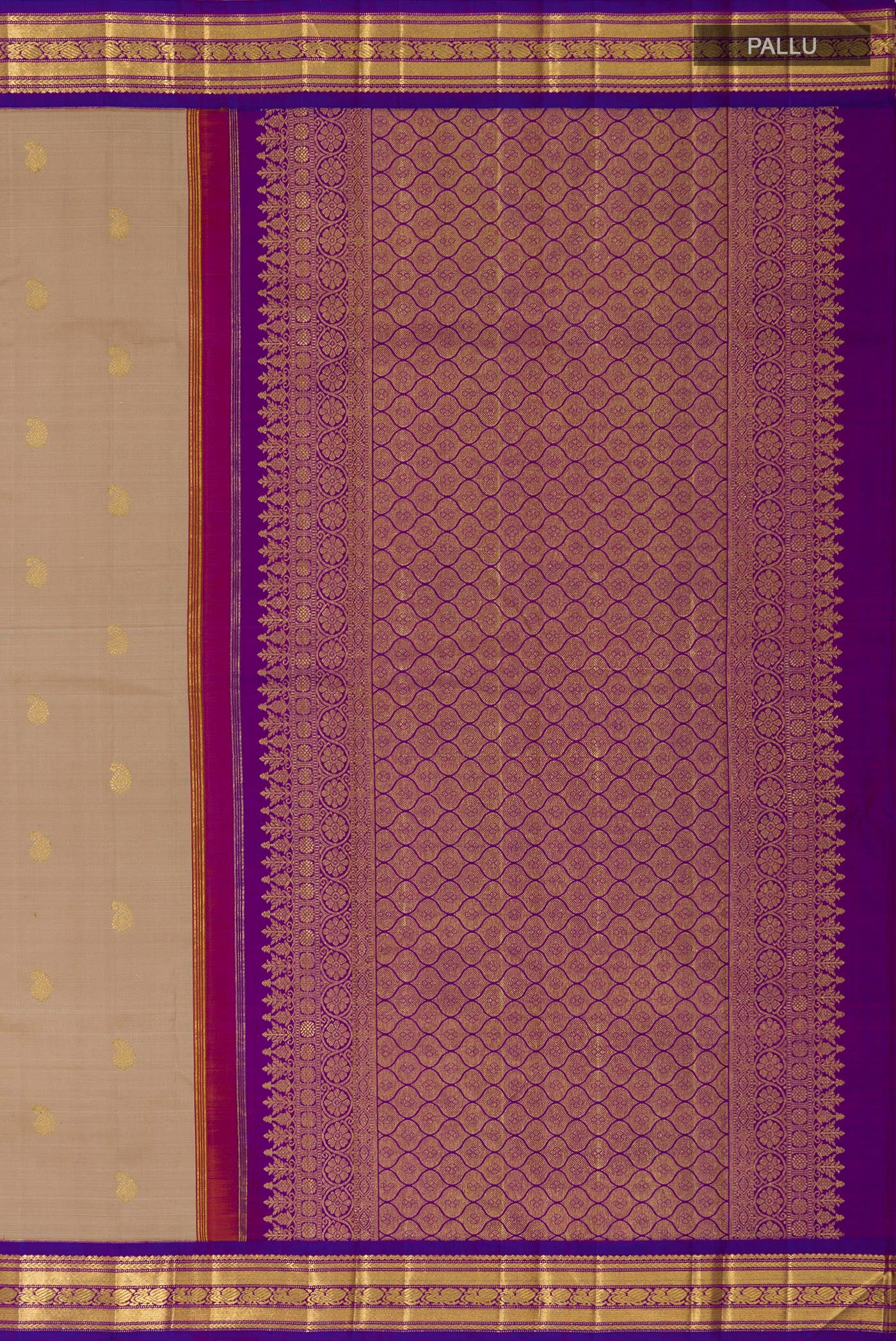 Close up image of the pallu of Pure Silk Pure Zari Cream Kanchipuram Saree with Zari Butta on the body and Zari Border. 