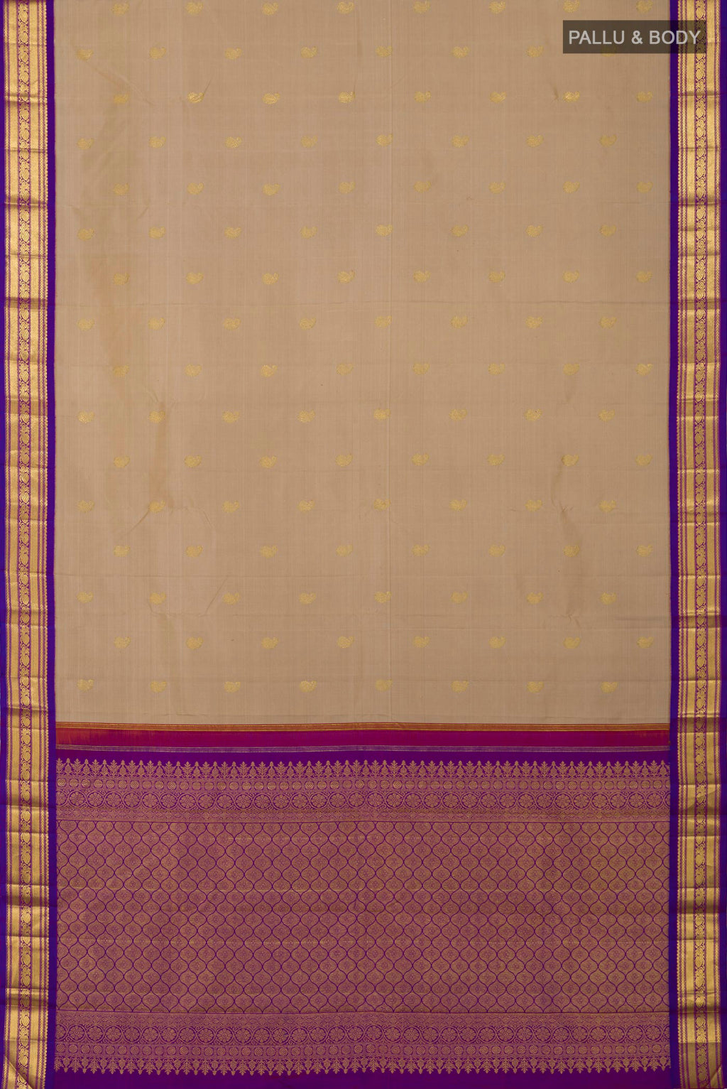 Flat view of Pure Silk Pure Zari Cream Kanchipuram Saree with Zari Butta on the body and Zari Border. 