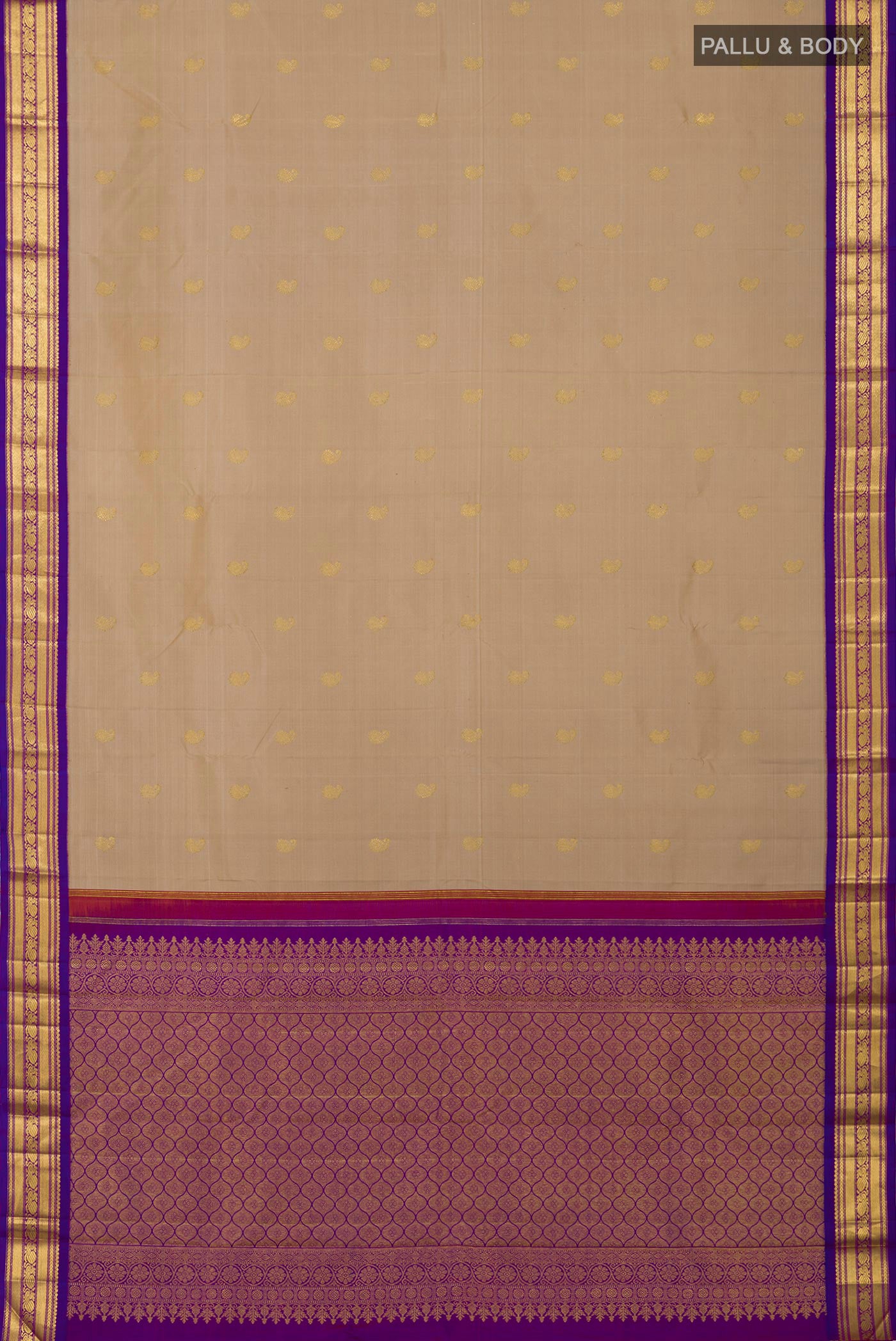 Flat view of Pure Silk Pure Zari Cream Kanchipuram Saree with Zari Butta on the body and Zari Border. 