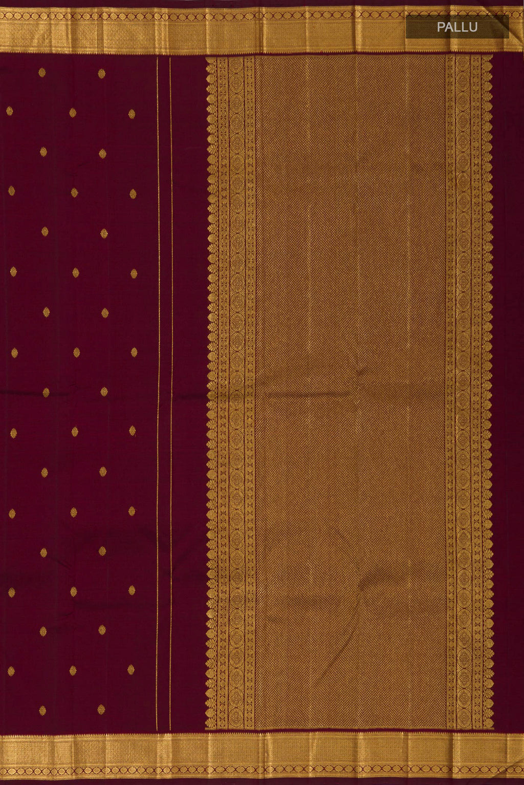 Close up image of the pallu of Pure Silk Pure Zari Maroon Kanchipuram Saree with Zari Butta on the body and Zari Border. 