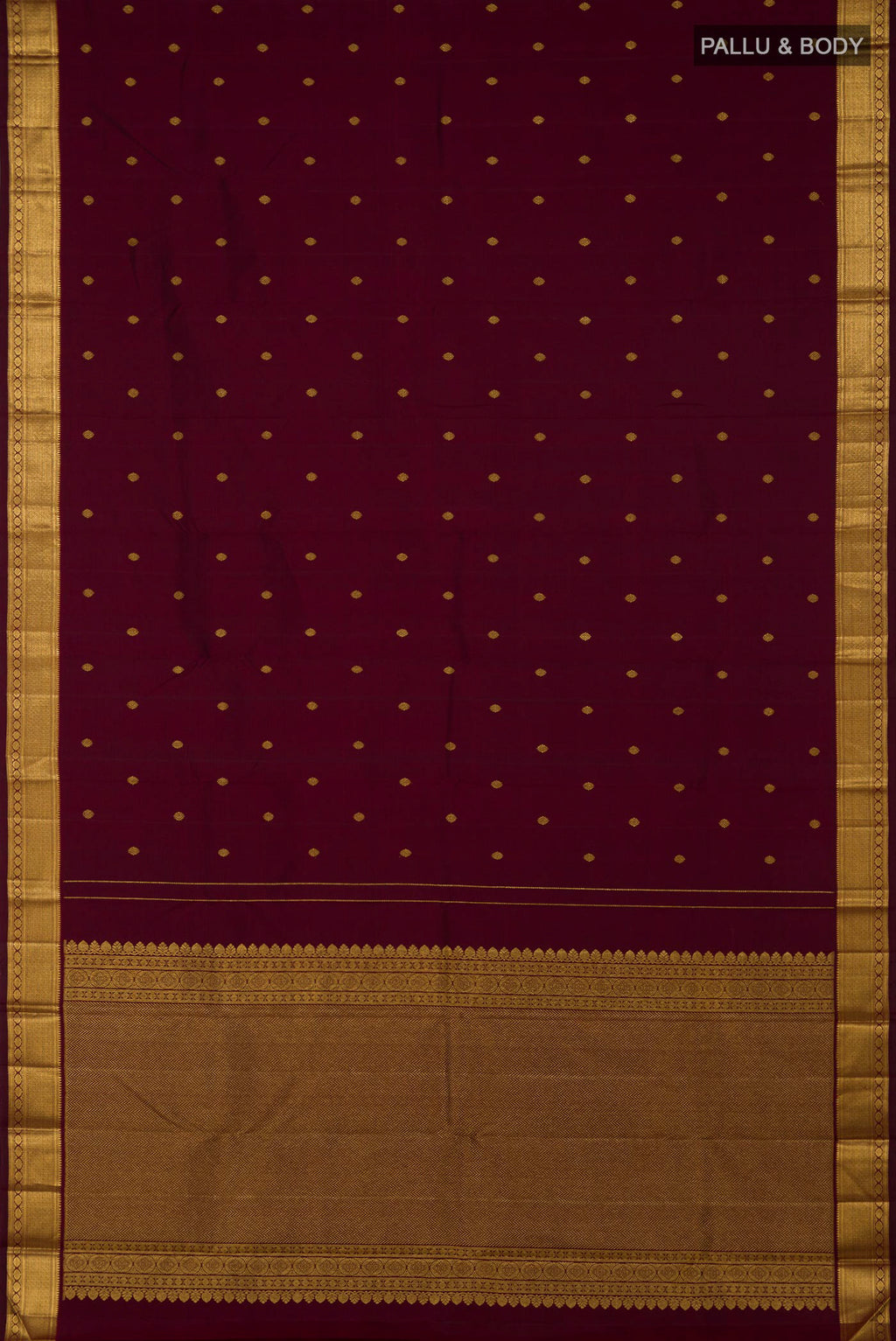 Flat view of Pure Silk Pure Zari Maroon Kanchipuram Saree with Zari Butta on the body and Zari Border. 