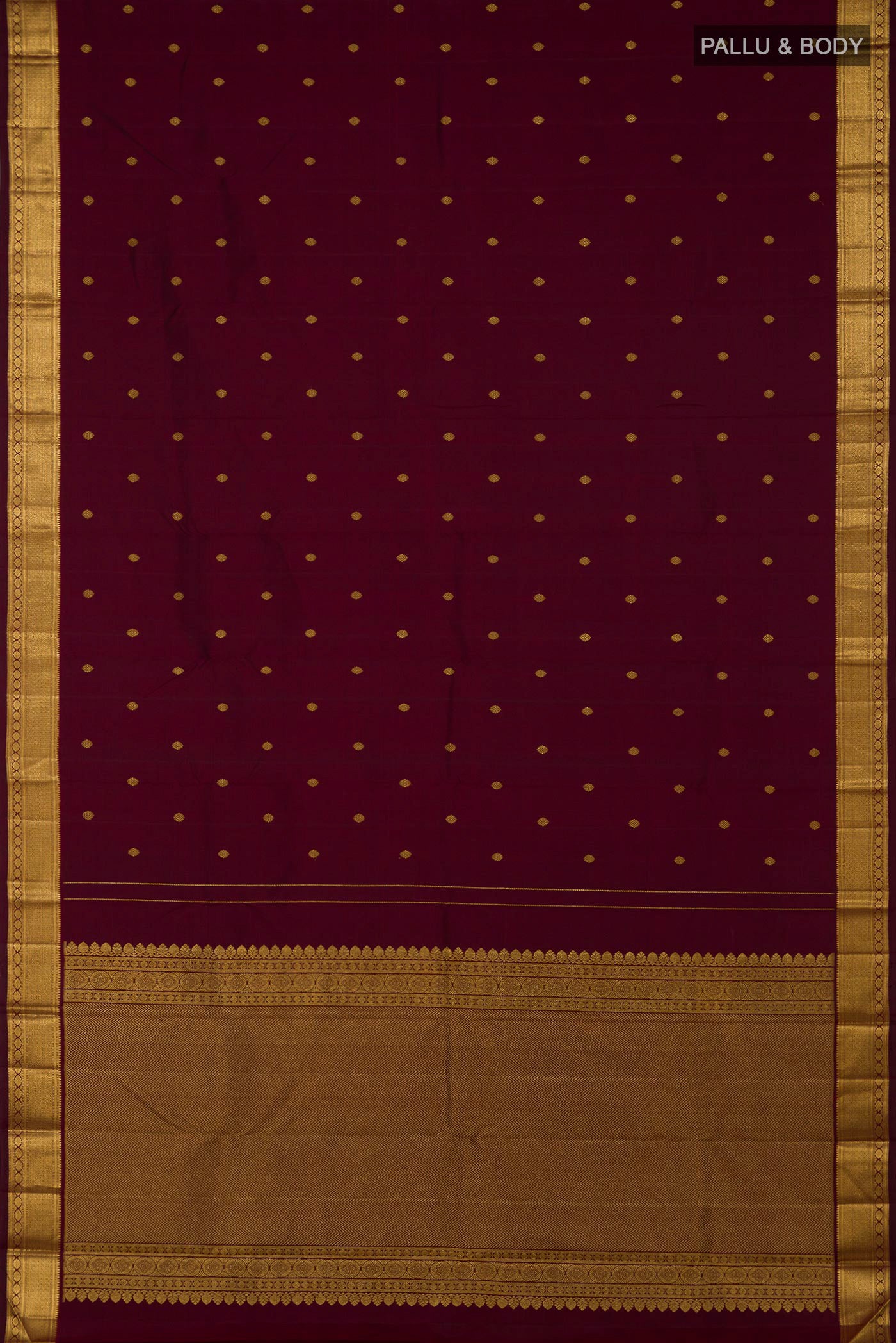 Flat view of Pure Silk Pure Zari Maroon Kanchipuram Saree with Zari Butta on the body and Zari Border. 