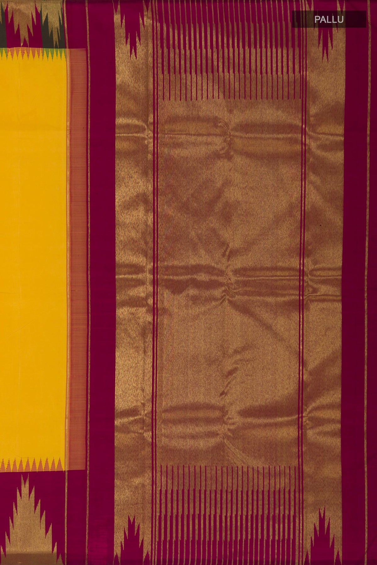 Close up image of the pallu of Pure Silk Pure Zari Yellow Kanjivaram Saree with Plain Body and Temple Border. 