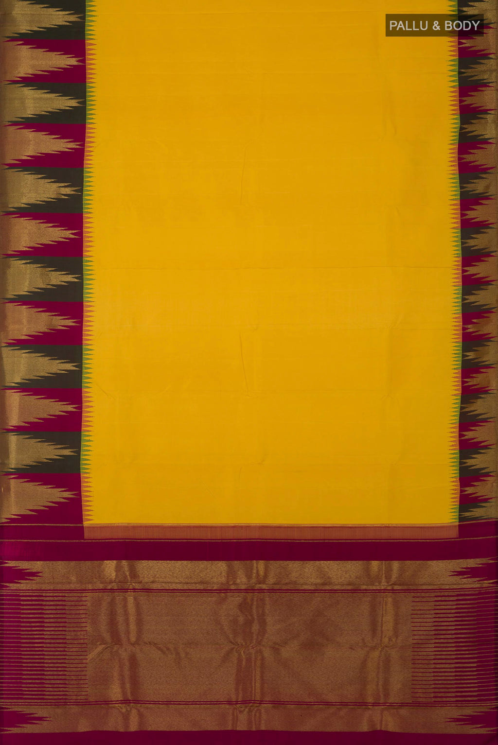 Flat view of Pure Silk Pure Zari Yellow Kanjivaram Saree with Plain Body and Temple Border. 