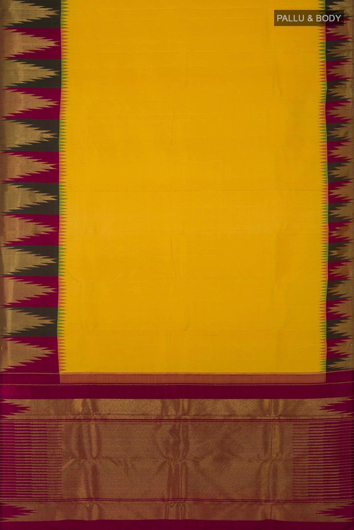 Flat view of Pure Silk Pure Zari Yellow Kanjivaram Saree with Plain Body and Temple Border. 
