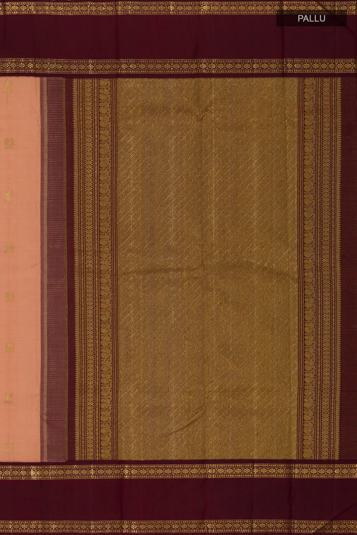 Close up image of the pallu of Pure Silk Pure Zari Peach Kanchipuram Saree with Zari Butta on the body and Zari Border. 