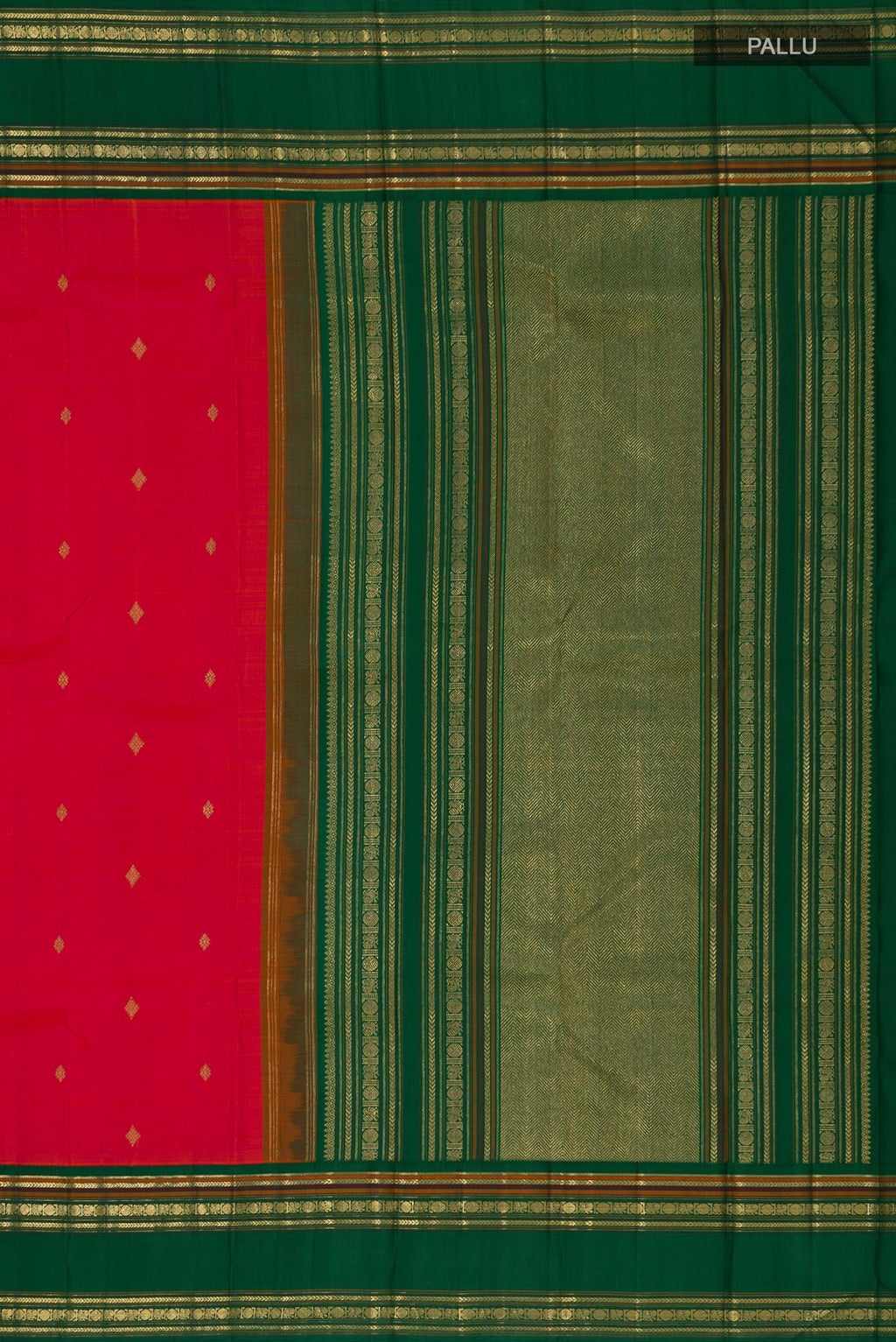 Close up image of the pallu of Pure Silk Pure Zari Orange Kanchipuram Saree with Zari Butta on the body and Zari Border. 