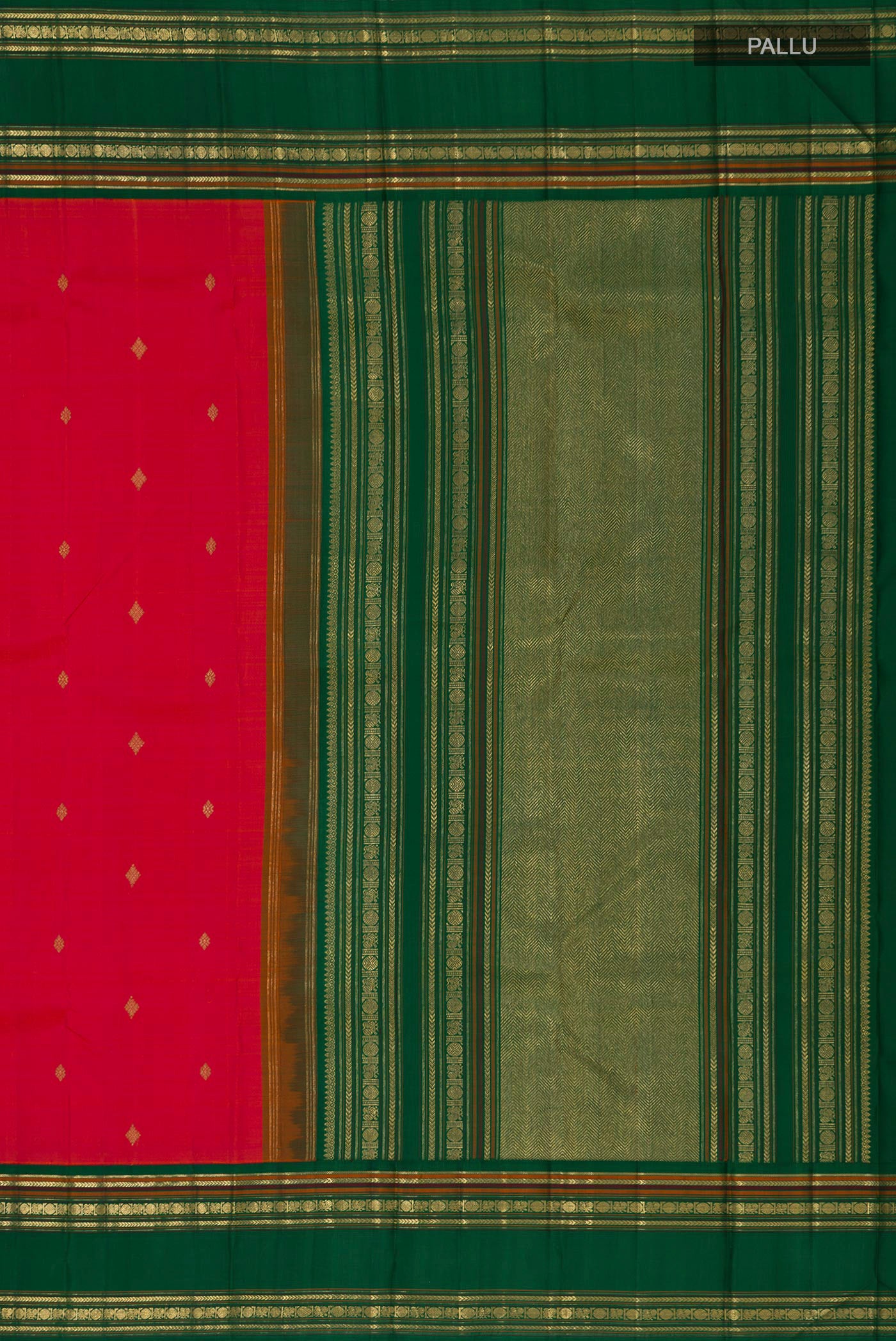 Close up image of the pallu of Pure Silk Pure Zari Orange Kanchipuram Saree with Zari Butta on the body and Zari Border. 
