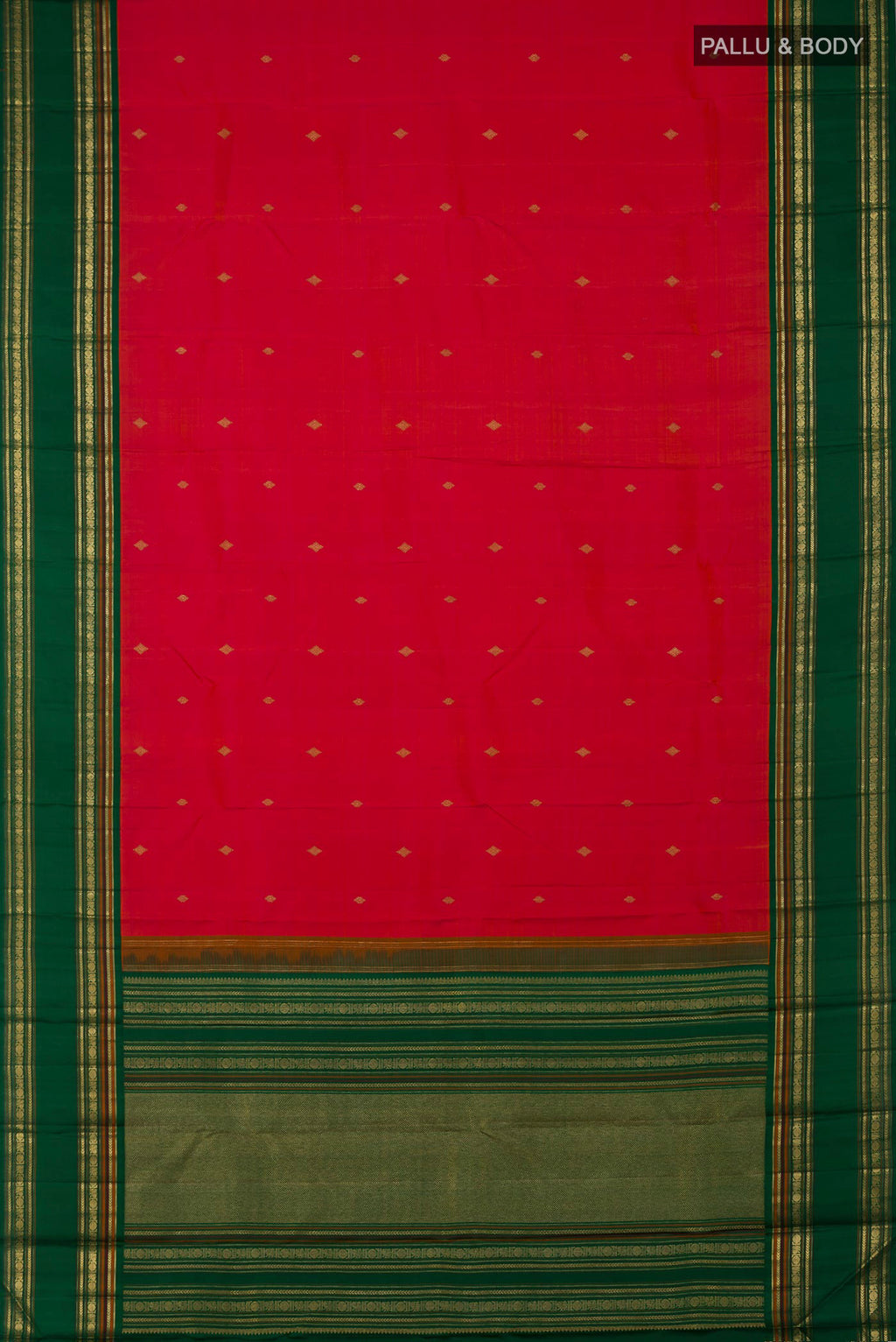 Flat view of Pure Silk Pure Zari Orange Kanchipuram Saree with Zari Butta on the body and Zari Border. 