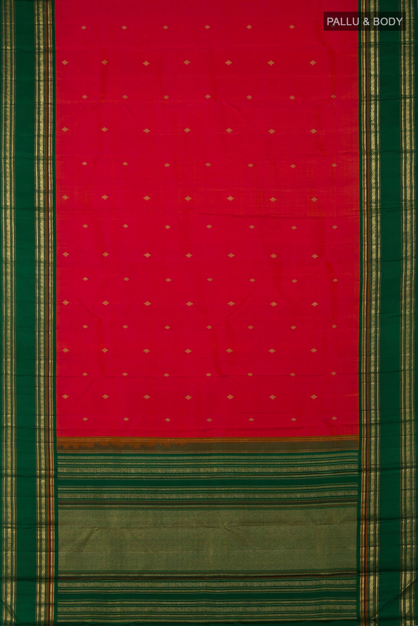 Flat view of Pure Silk Pure Zari Orange Kanchipuram Saree with Zari Butta on the body and Zari Border. 