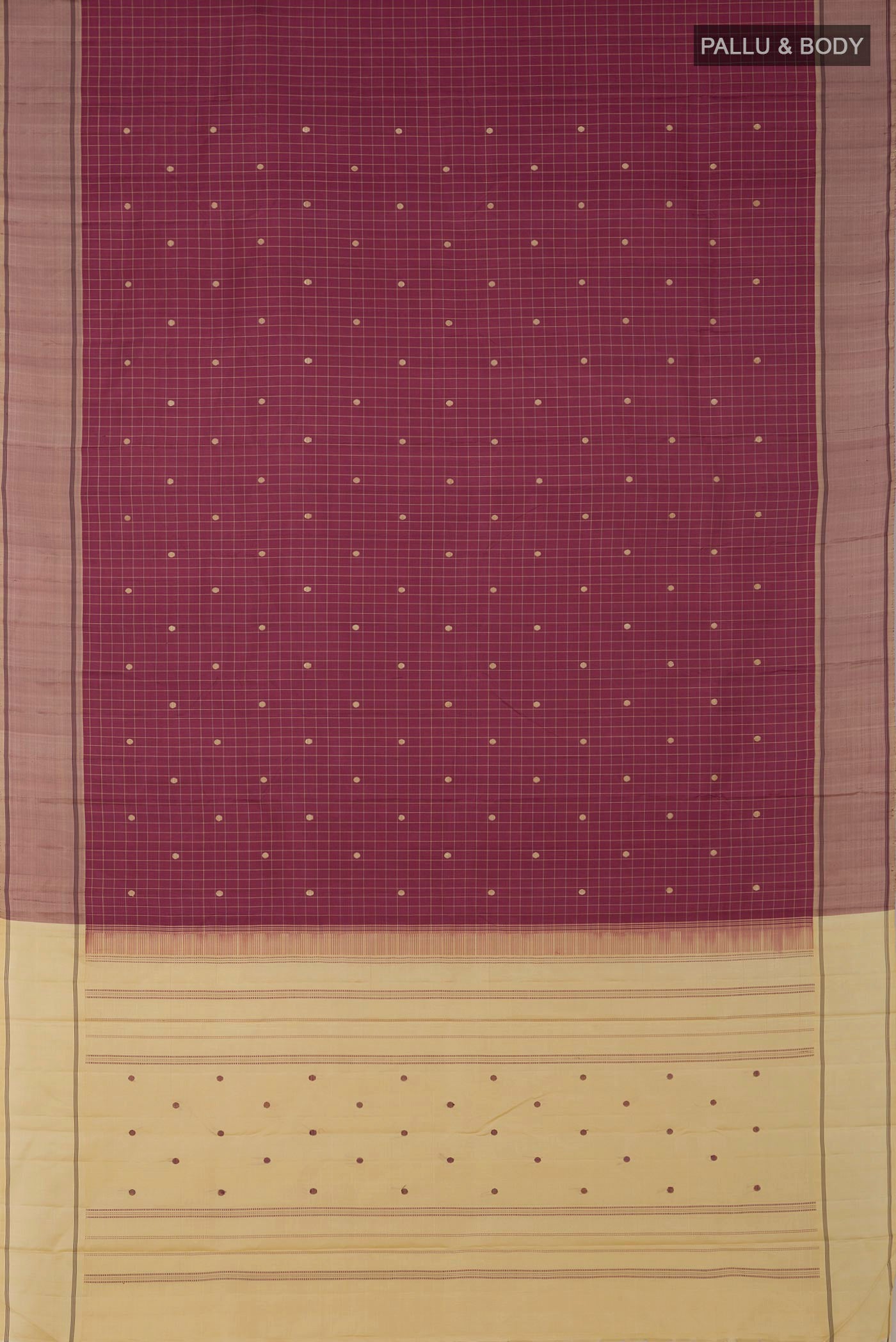 Flat view of Pink Kanjivaram Saree with Checked design on the body and Plain Border. 
