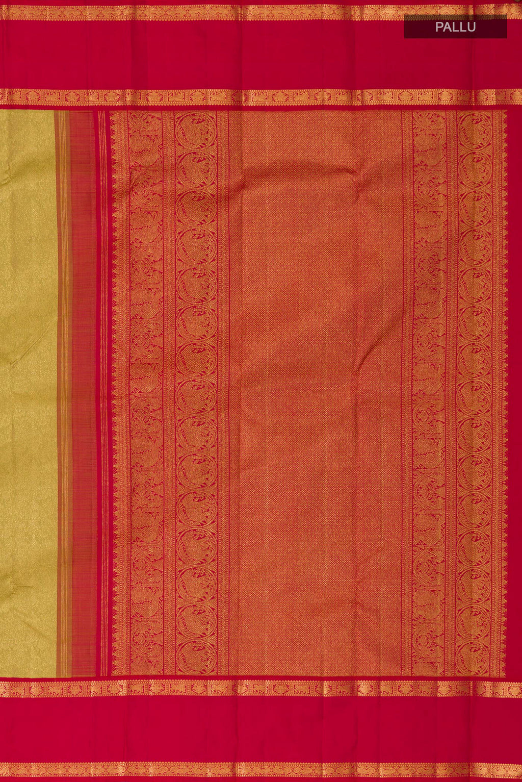 Close up image of the pallu of Golden Kanchipuram Saree with Zari Brocade on the body and Zari Border. 