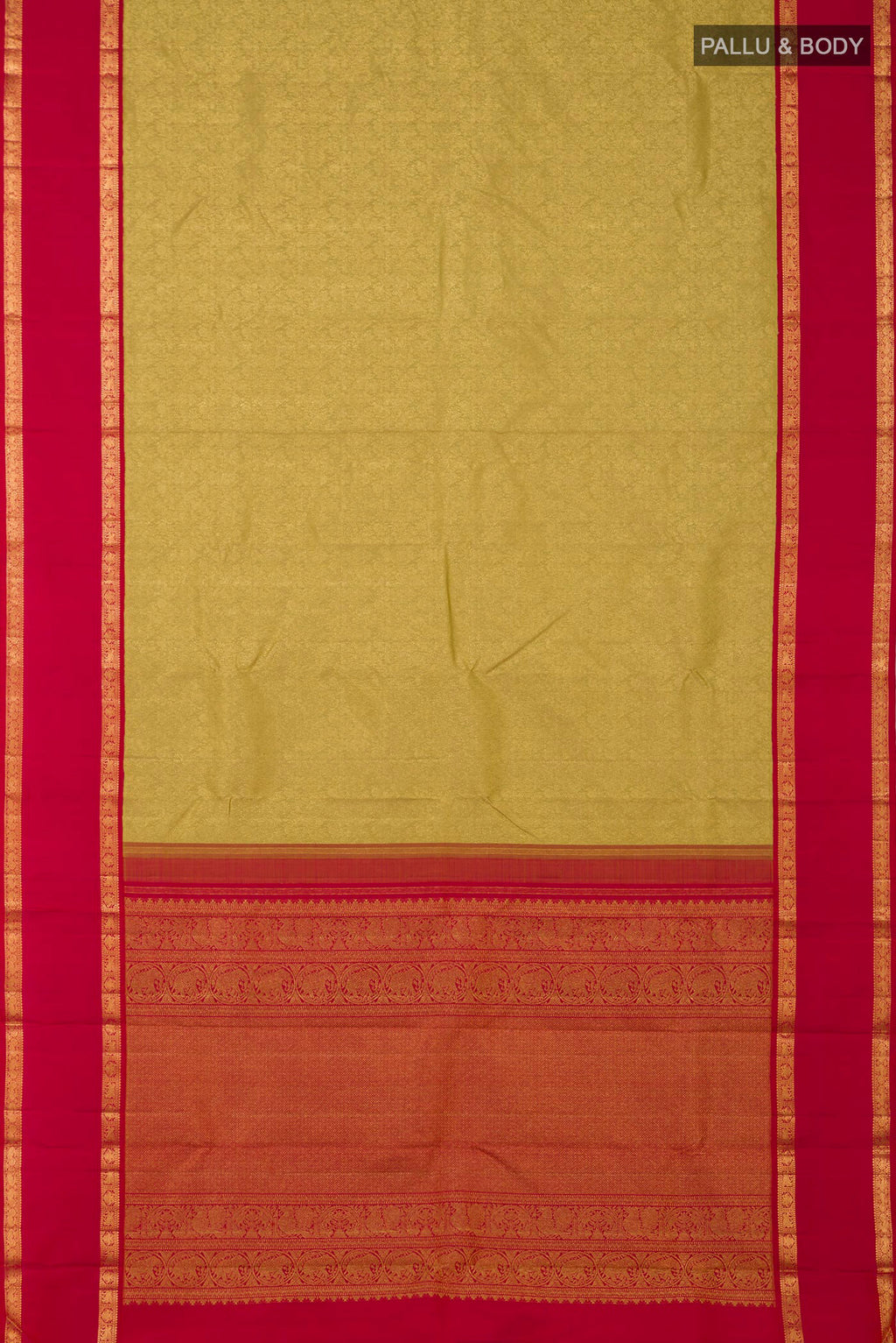 Flat view of Golden Kanchipuram Saree with Zari Brocade on the body and Zari Border. 