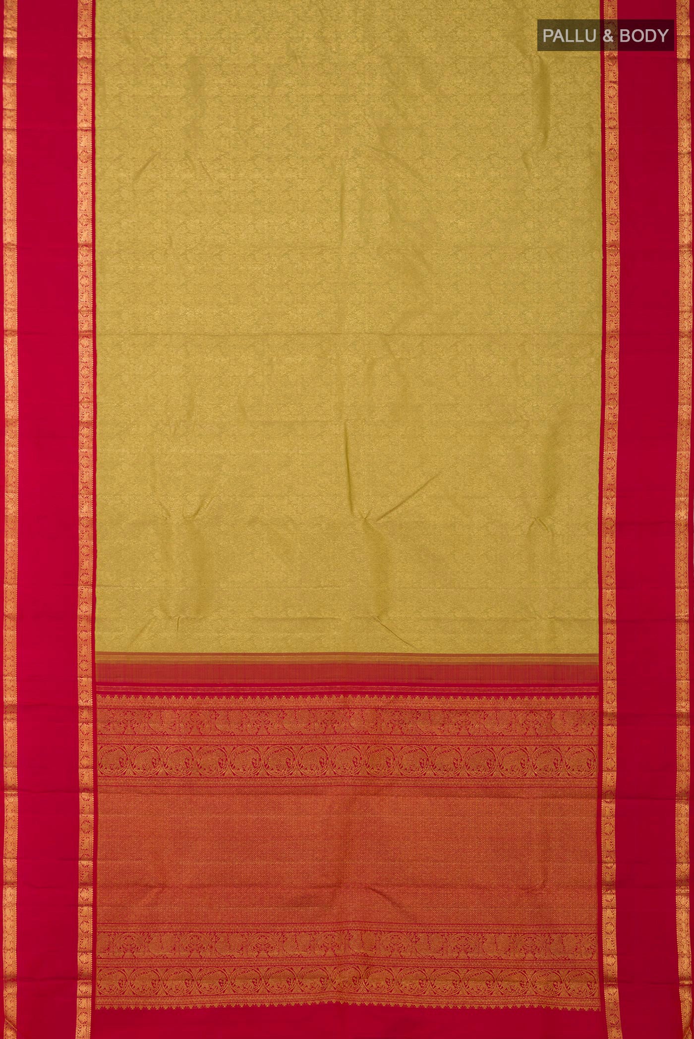 Flat view of Golden Kanchipuram Saree with Zari Brocade on the body and Zari Border. 