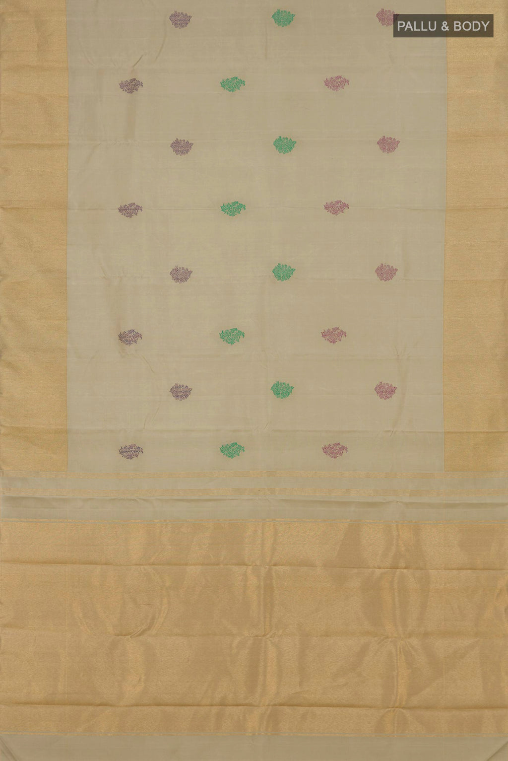 Flat view of Pure Silk Beige Kanchipuram Saree with Thread Butta on the body and Zari Border. 