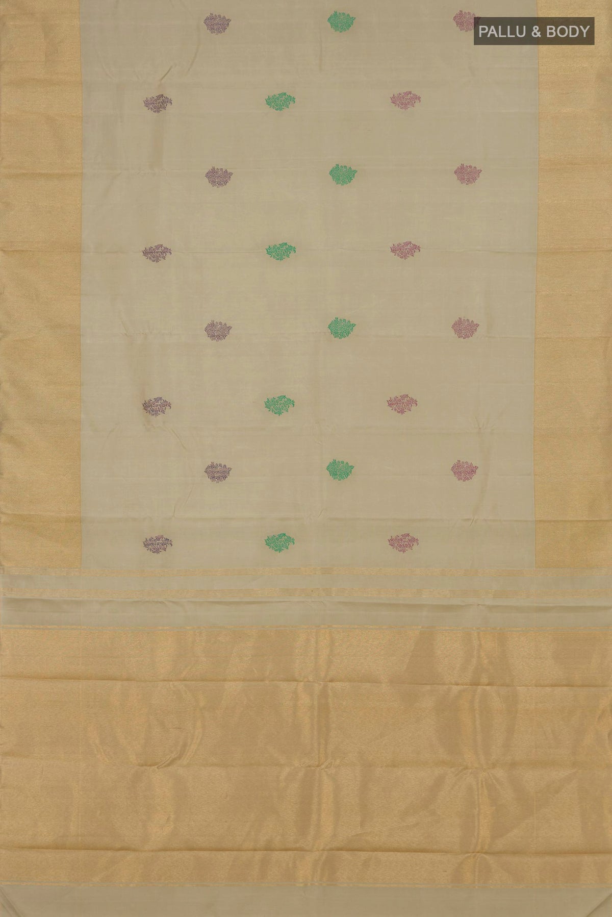 Flat view of Pure Silk Beige Kanchipuram Saree with Thread Butta on the body and Zari Border. 