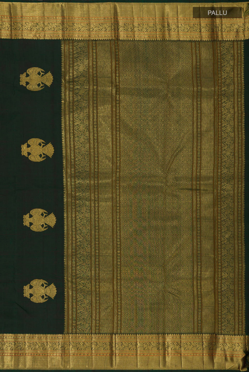Close up image of the pallu of Pure Silk Pure Zari Green Kanjivaram Saree with Zari Butta on the body and Zari Border. 