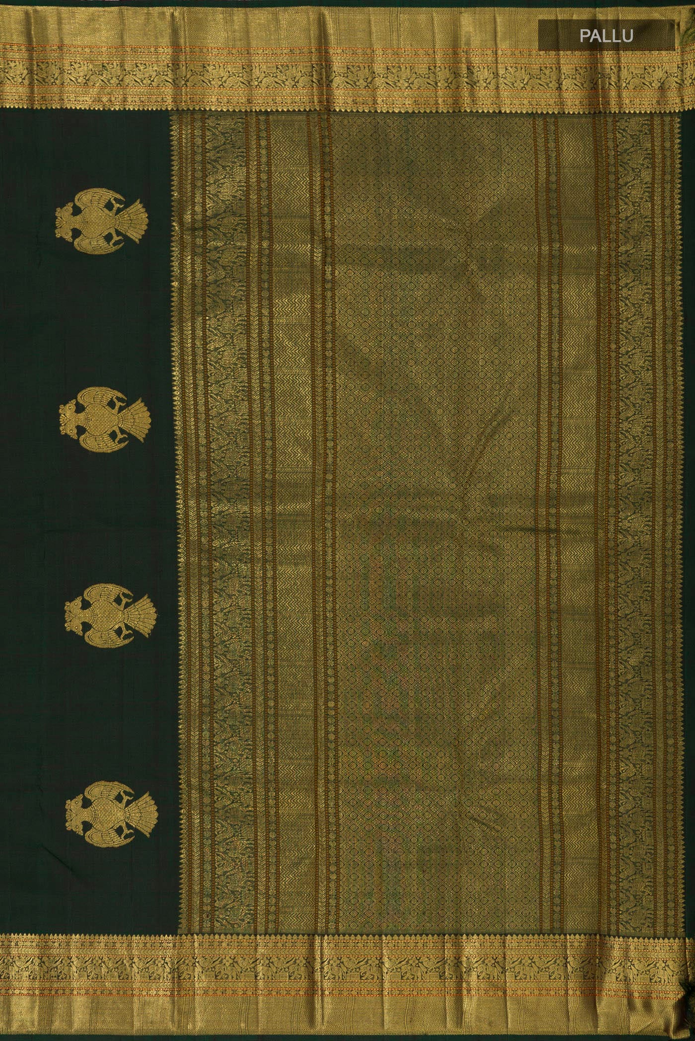 Close up image of the pallu of Pure Silk Pure Zari Green Kanjivaram Saree with Zari Butta on the body and Zari Border. 
