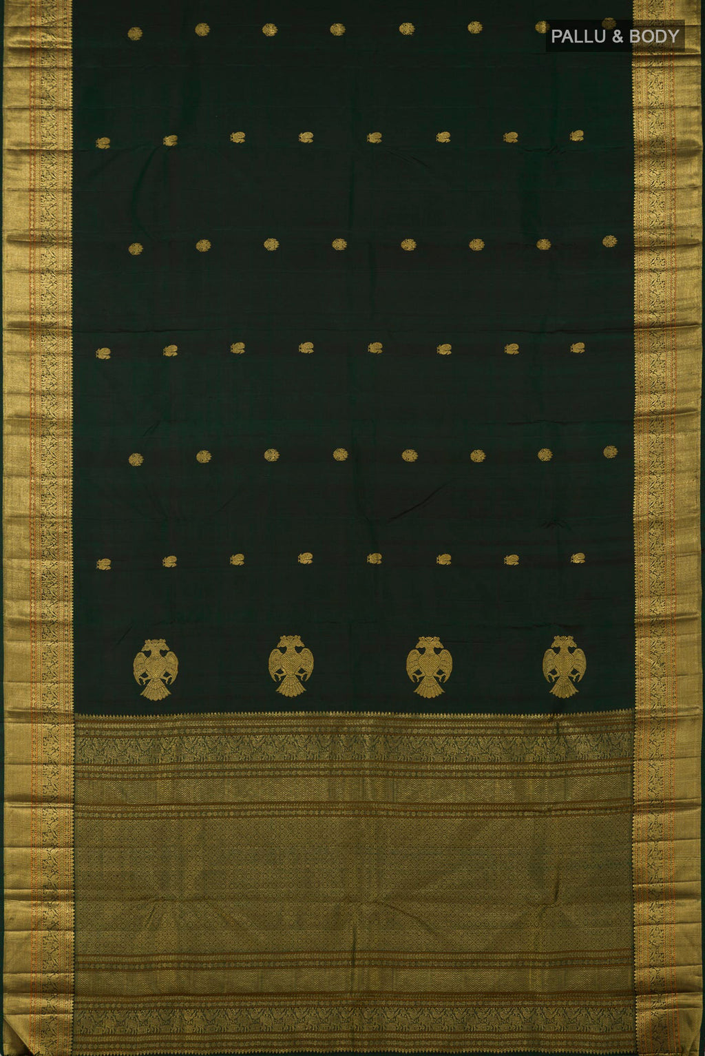 Flat view of Pure Silk Pure Zari Green Kanjivaram Saree with Zari Butta on the body and Zari Border. 