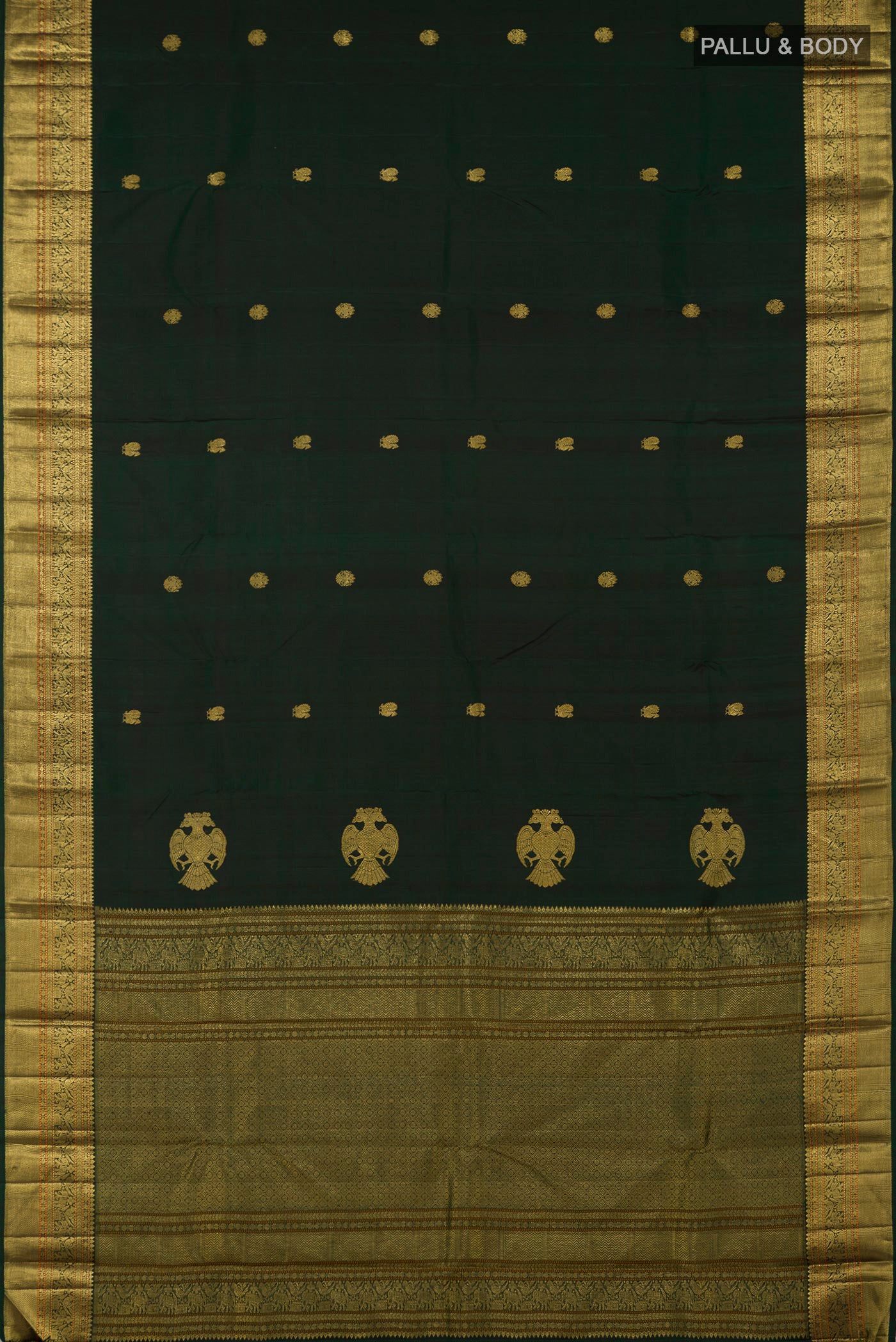 Flat view of Pure Silk Pure Zari Green Kanjivaram Saree with Zari Butta on the body and Zari Border. 