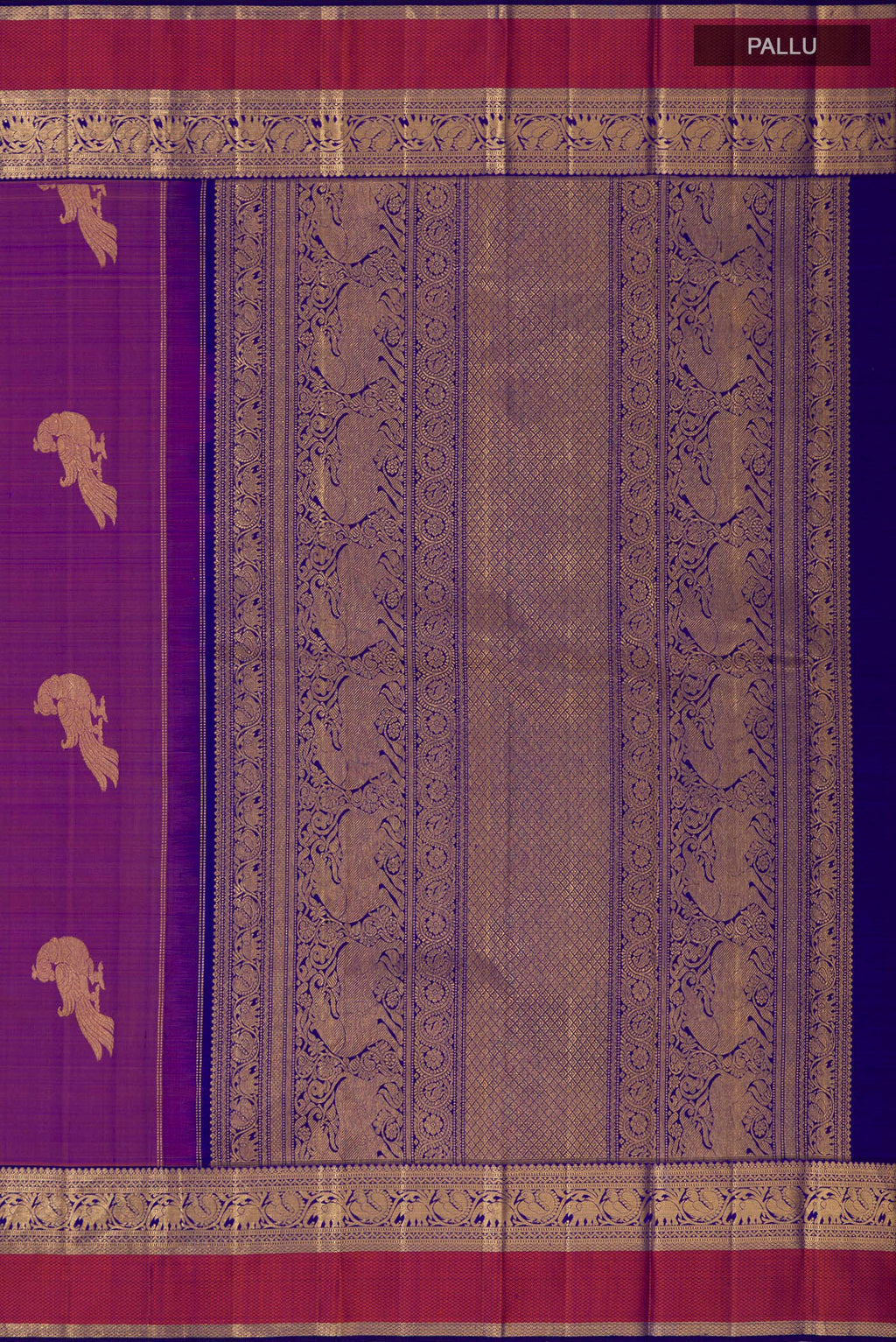 Close up image of the pallu of Pure Silk Pure Zari Purple Kanjivaram Saree with Zari Butta on the body and Zari Border. 