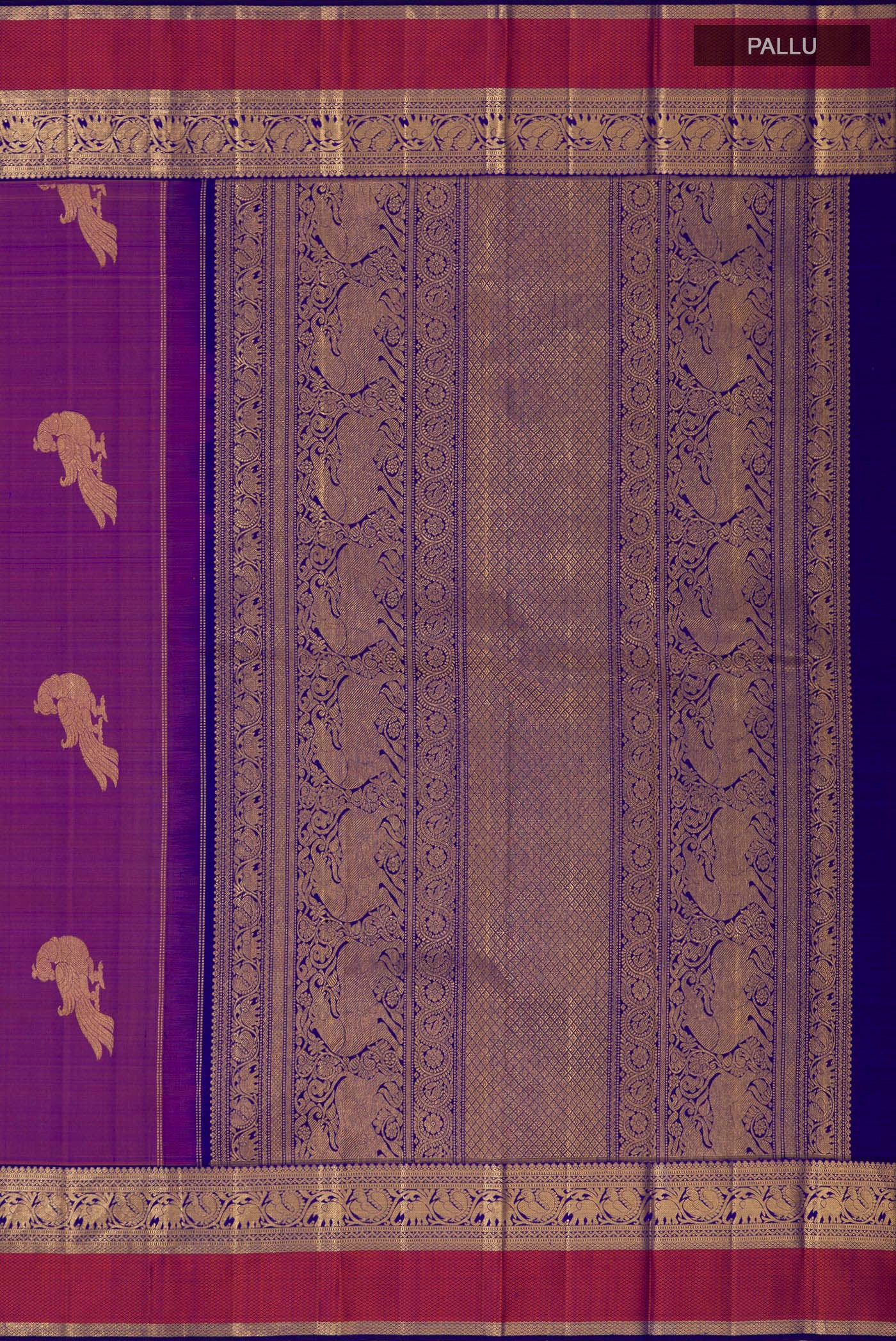 Close up image of the pallu of Pure Silk Pure Zari Purple Kanjivaram Saree with Zari Butta on the body and Zari Border. 