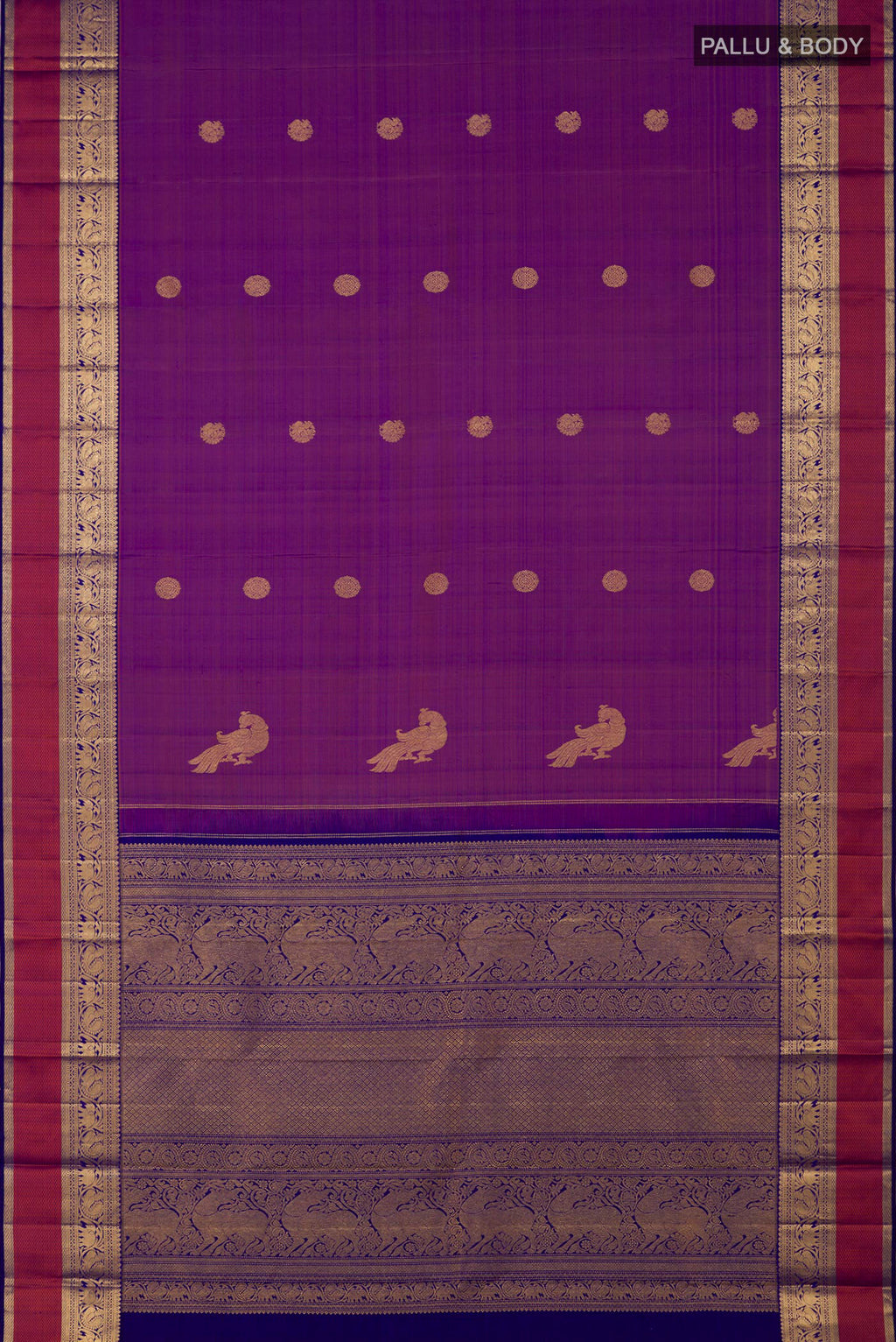 Flat view of Pure Silk Pure Zari Purple Kanjivaram Saree with Zari Butta on the body and Zari Border. 