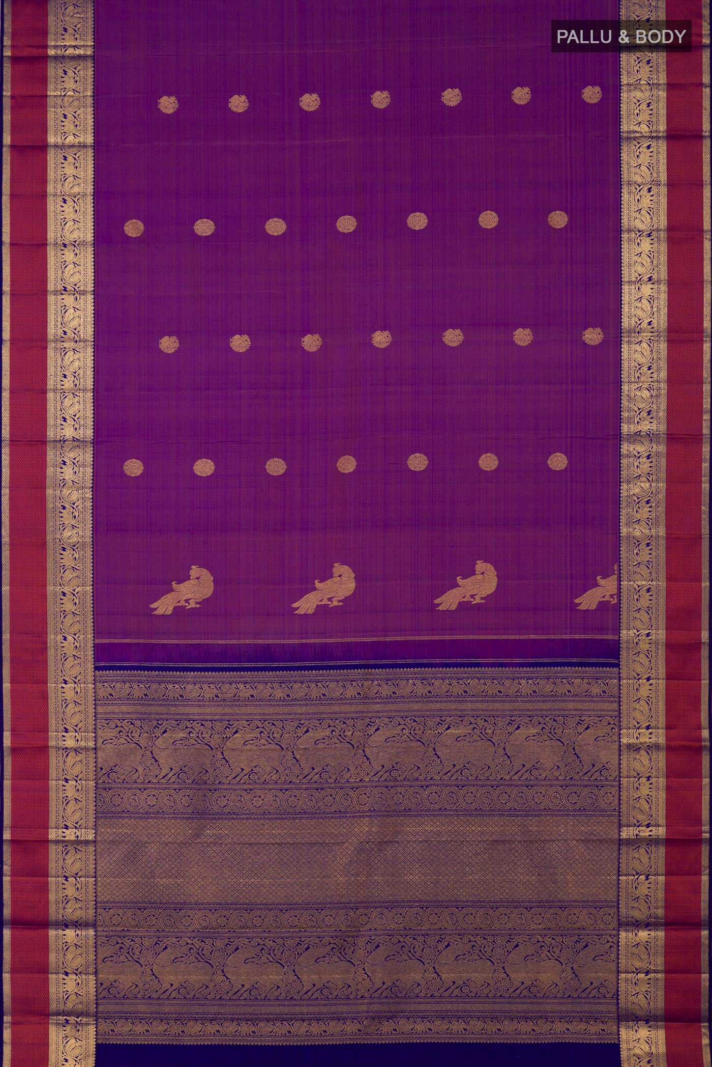 Flat view of Pure Silk Pure Zari Purple Kanjivaram Saree with Zari Butta on the body and Zari Border. 