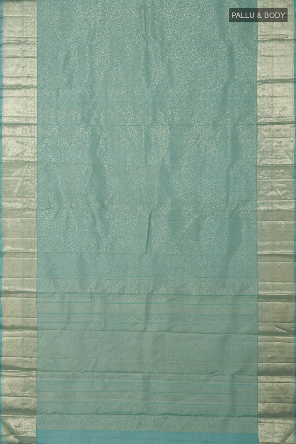 Flat view of Light Blue Kanchipuram Silk Saree with Zari Brocade on the body and Zari Border. 