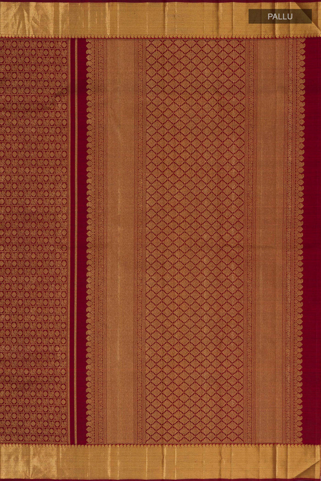 Close up image of the pallu of Pure Silk Pure Zari Maroon Kanjivaram Saree with Zari Brocade on the body and Zari Border. 