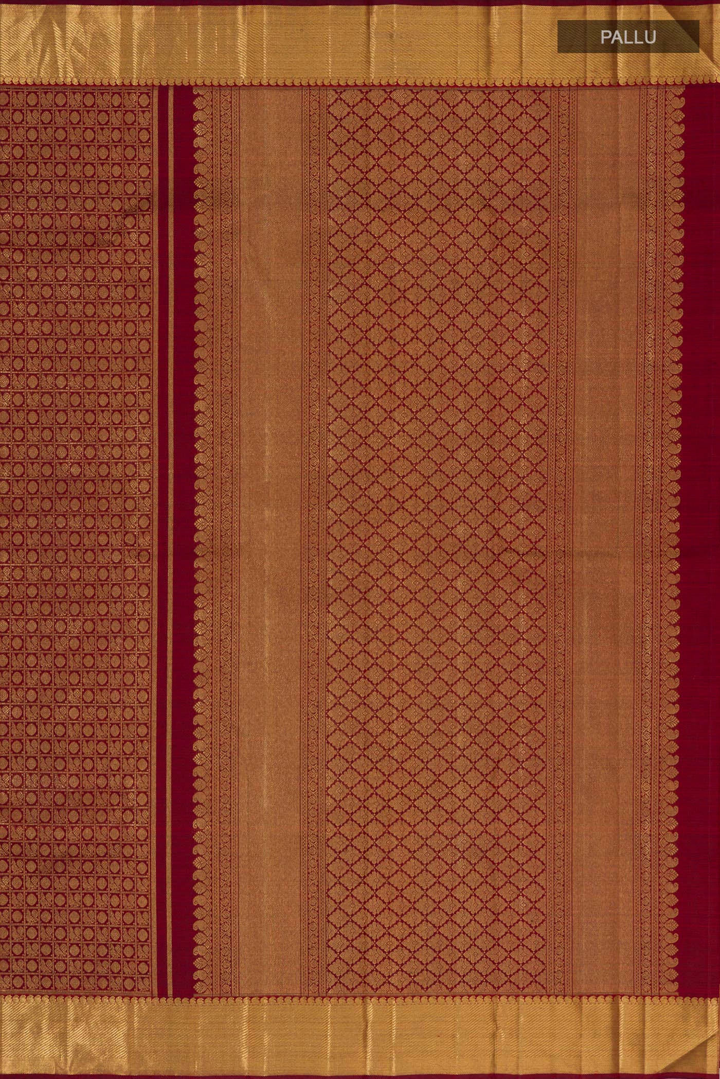 Close up image of the pallu of Pure Silk Pure Zari Maroon Kanjivaram Saree with Zari Brocade on the body and Zari Border. 