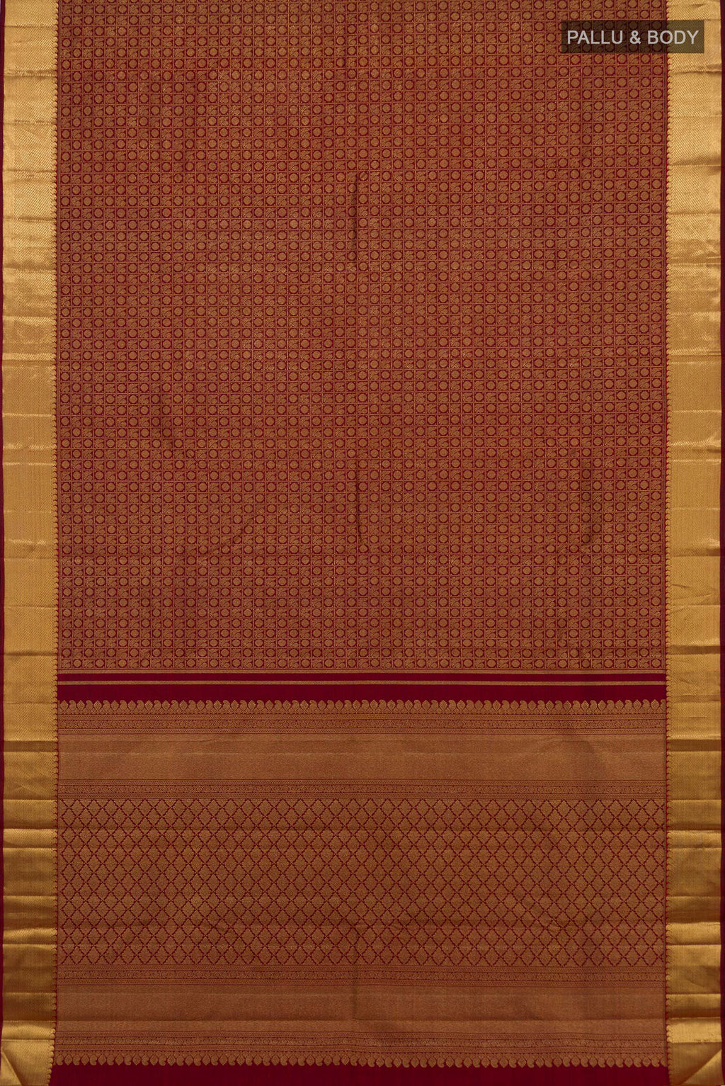 Flat view of Pure Silk Pure Zari Maroon Kanjivaram Saree with Zari Brocade on the body and Zari Border. 